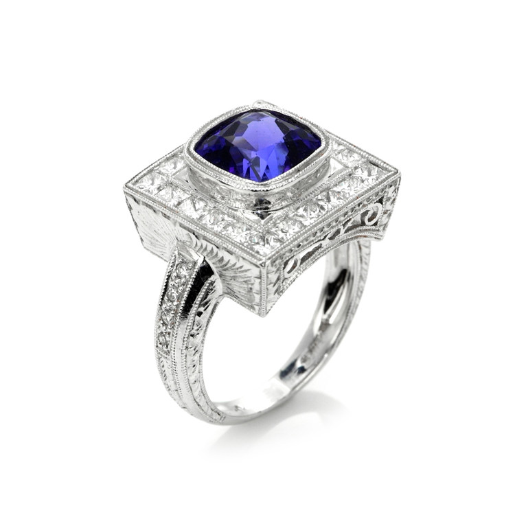 3.50 Ct. Tanzanite Natural Diamond Antique Style Ring, 18K White Gold