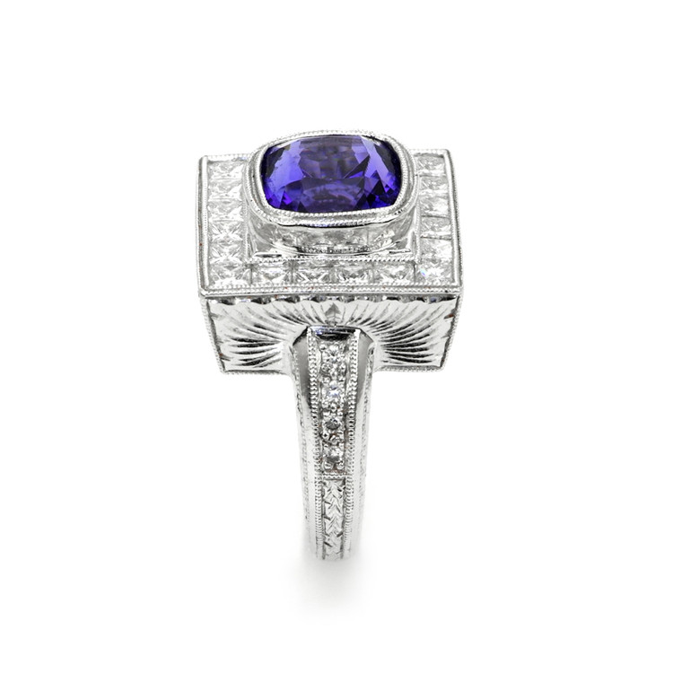 3.50 Ct. Tanzanite Natural Diamond Antique Style Ring, 18K White Gold