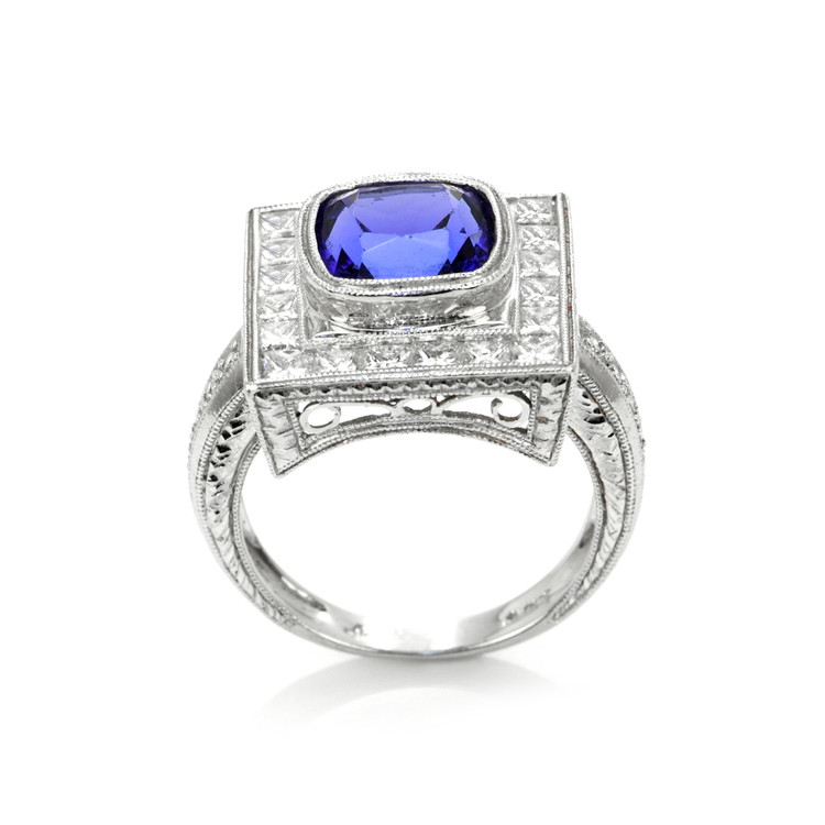 3.50 Ct. Tanzanite Natural Diamond Antique Style Ring, 18K White Gold