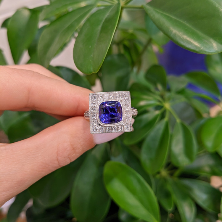 3.50 Ct. Tanzanite Natural Diamond Antique Style Ring, 18K White Gold