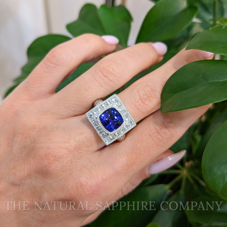 3.50 Ct. Tanzanite Natural Diamond Antique Style Ring, 18K White Gold