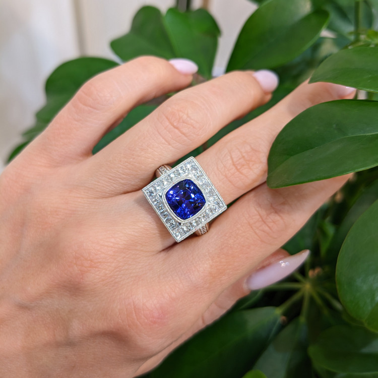 3.50 Ct. Tanzanite Natural Diamond Antique Style Ring, 18K White Gold
