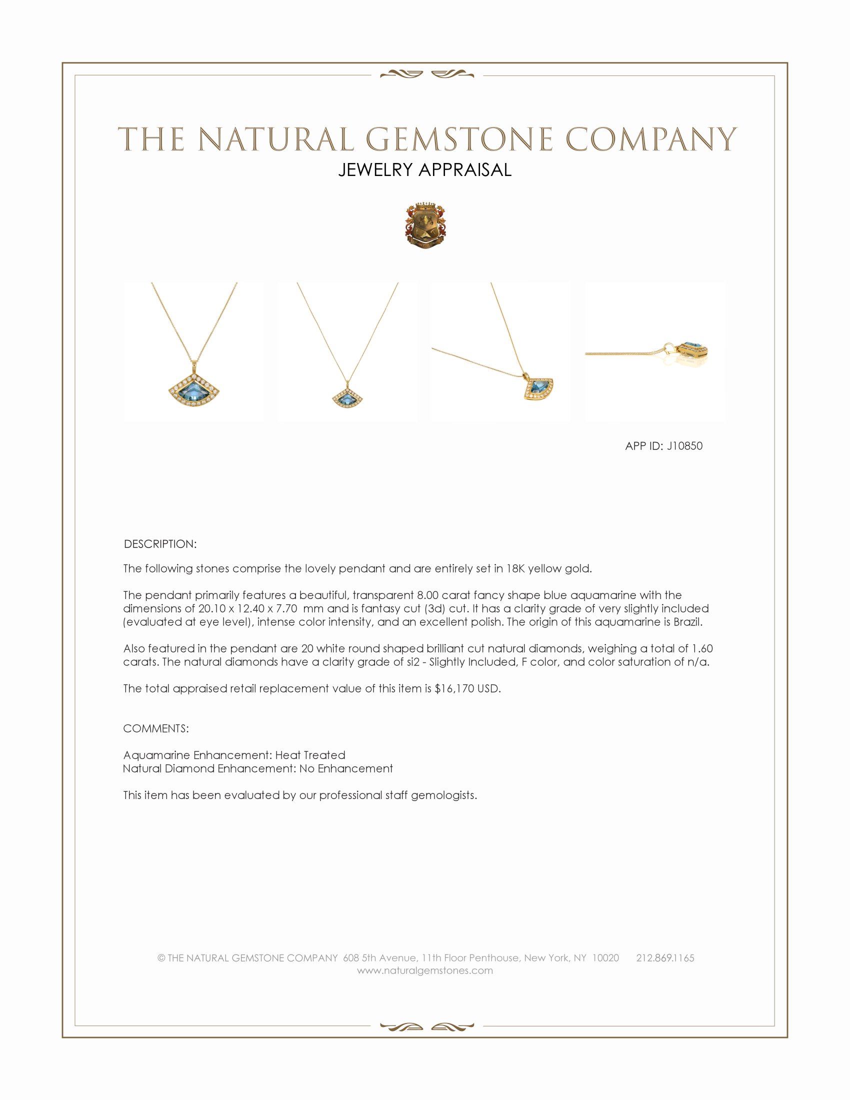8.00 Ct. Blue Aquamarine and Natural Diamond Pave Pendant, 18K Yellow Gold