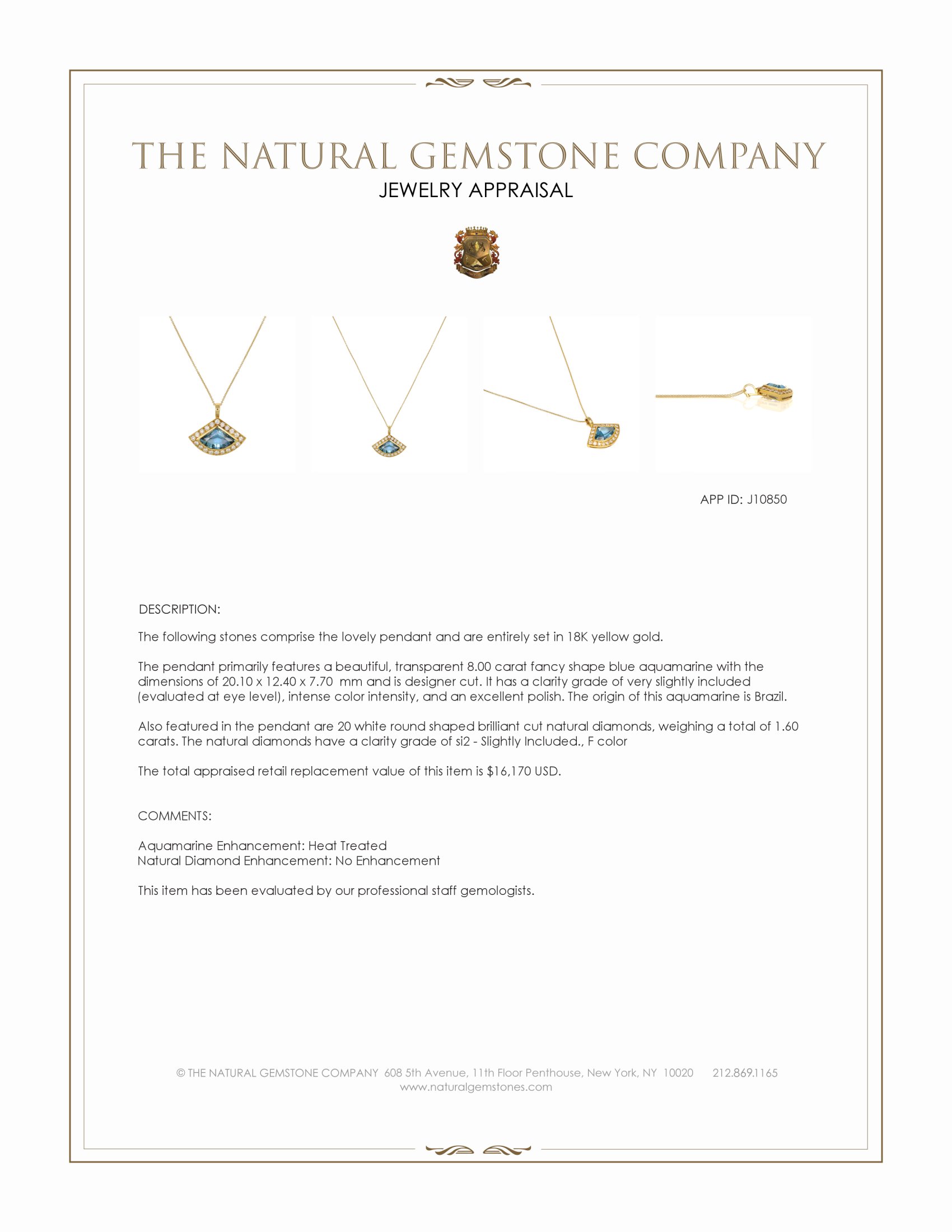 8.00 Ct. Blue Aquamarine and Natural Diamond Pave Pendant, 18K Yellow Gold