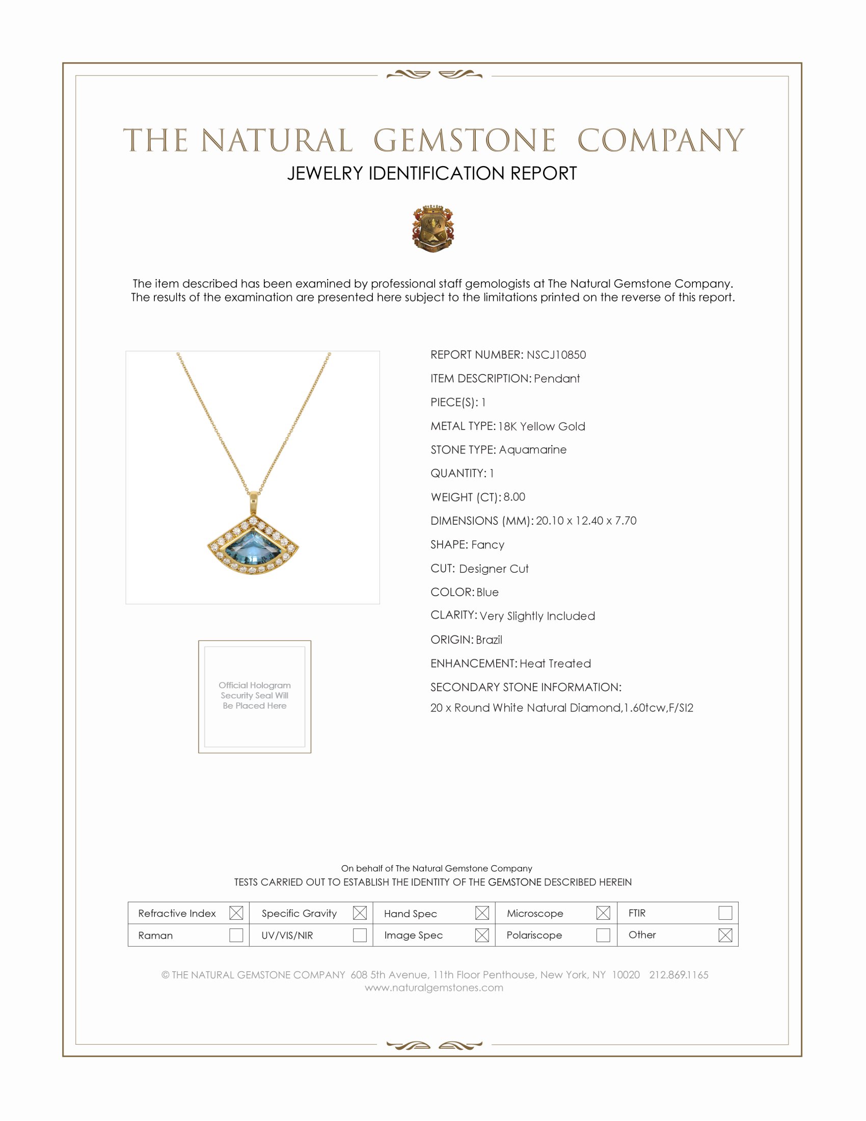 8.00 Ct. Blue Aquamarine and Natural Diamond Pave Pendant, 18K Yellow Gold