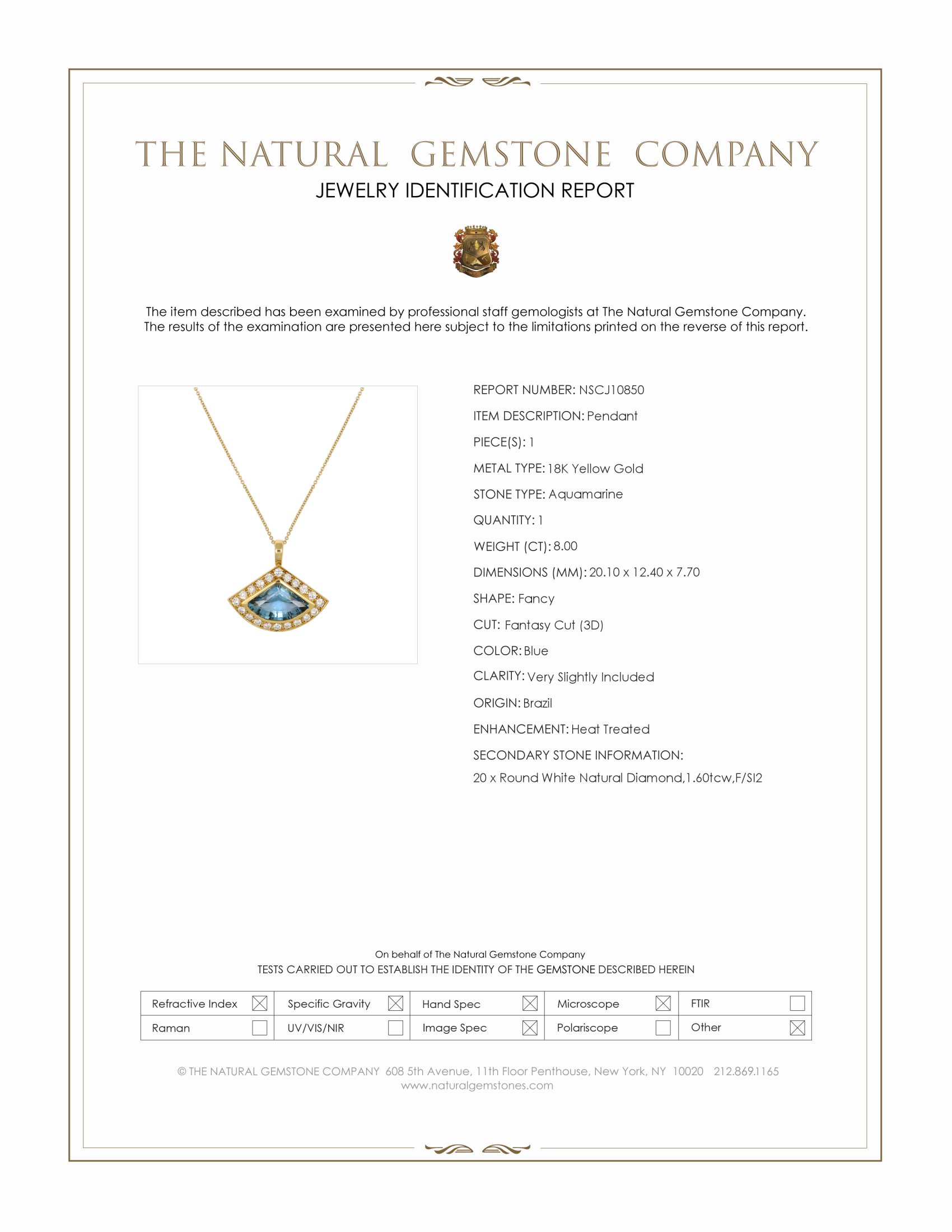 8.00 Ct. Blue Aquamarine and Natural Diamond Pave Pendant, 18K Yellow Gold
