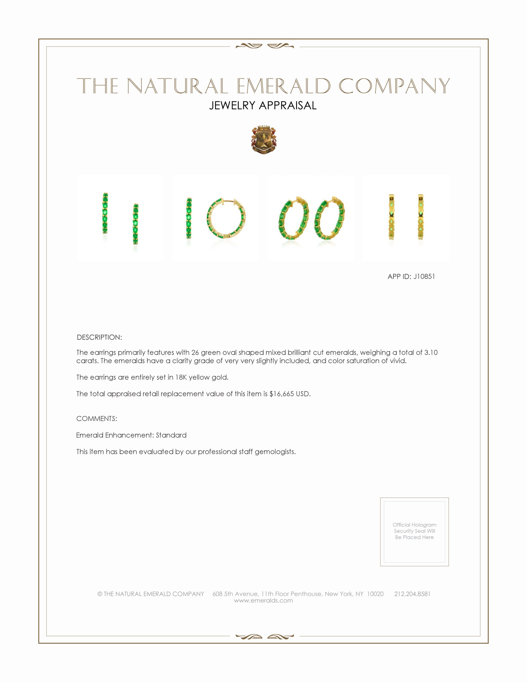 3.10 Ct.Tw. Emerald Hoops Earrings, 18K Yellow Gold