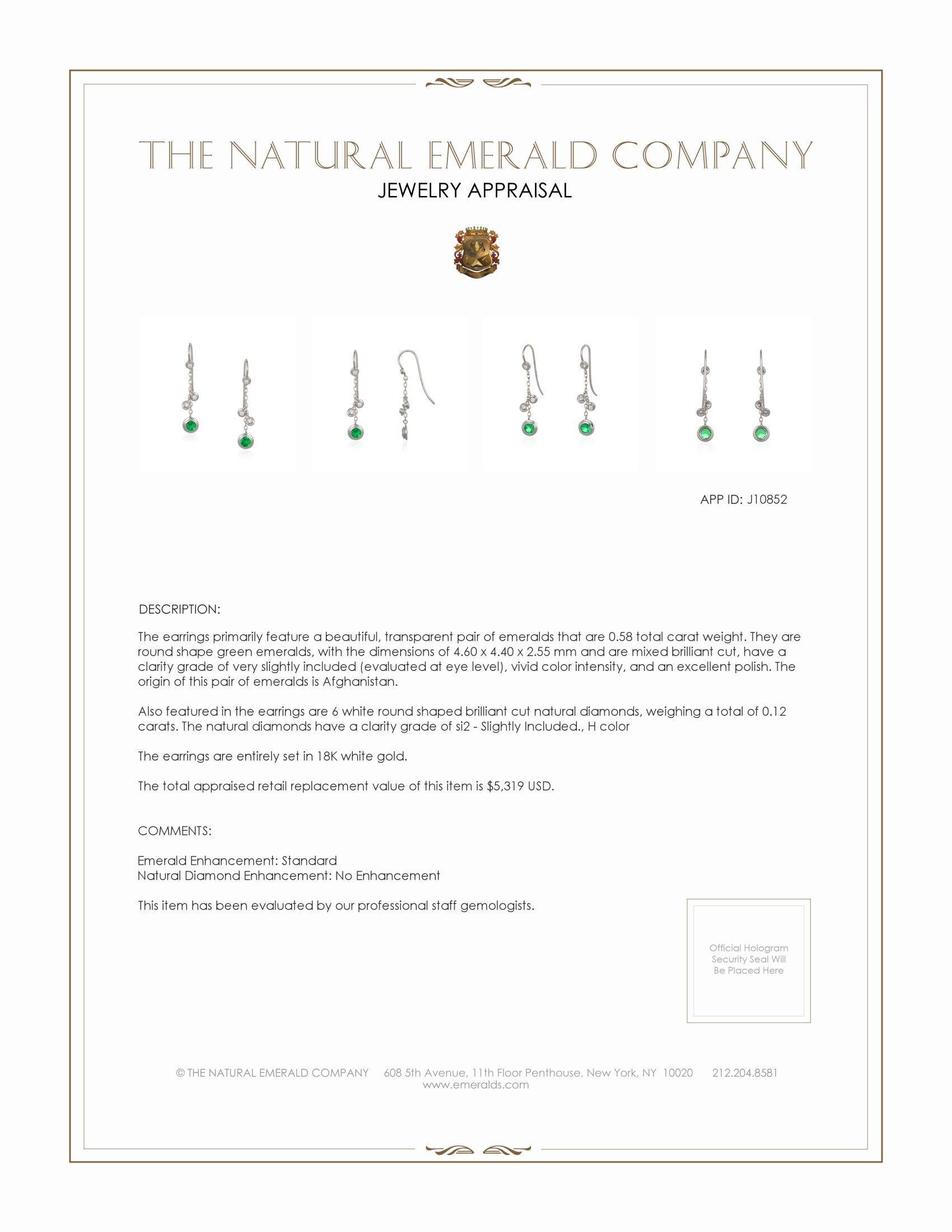 0.58 Ct.Tw. Emerald Natural Diamond Bezel Earrings, 18K White Gold