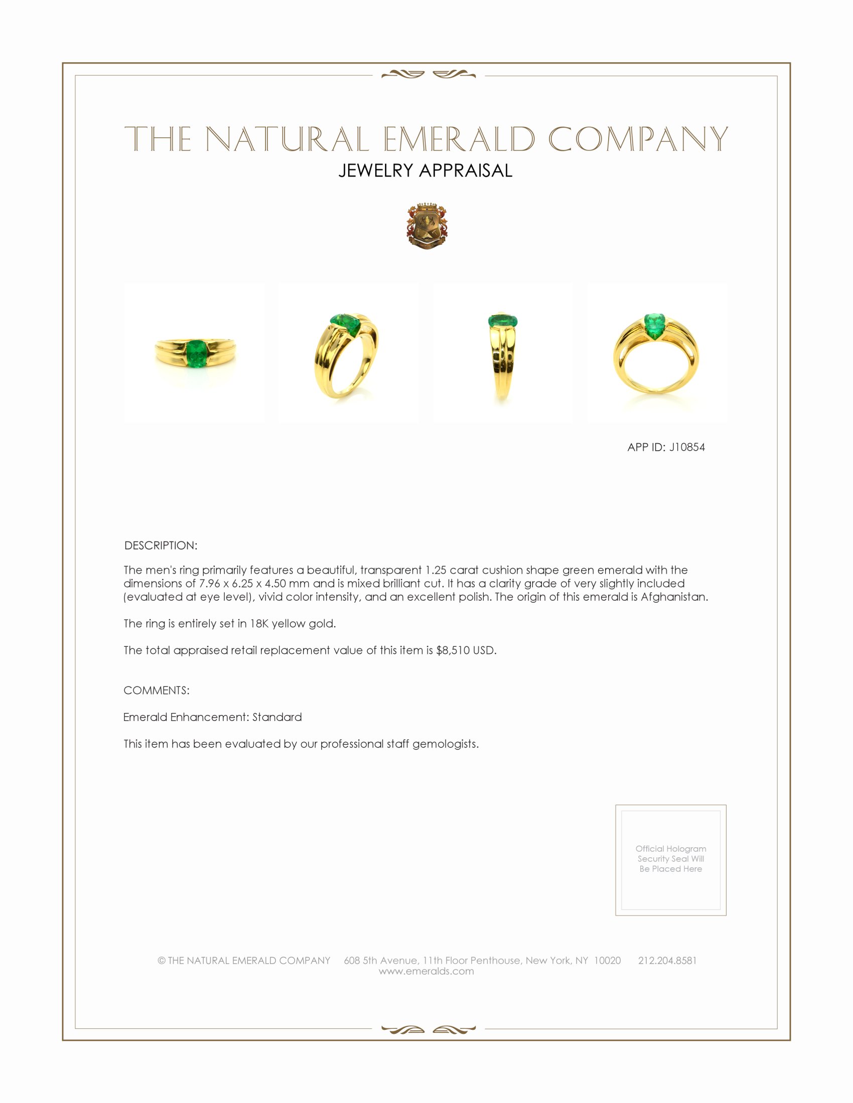 1.25 Ct. Emerald Men's Ring, 18K Yellow Gold