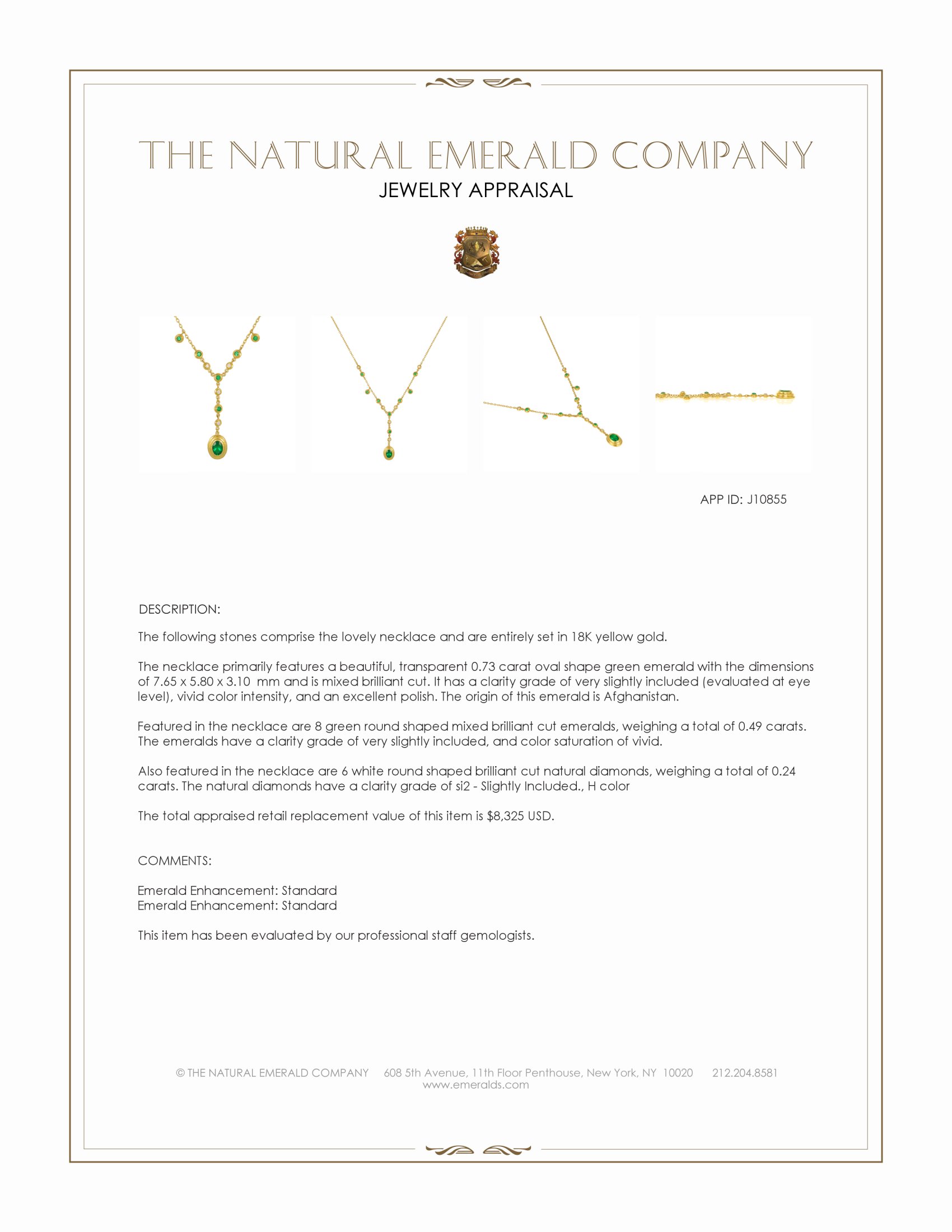 0.73 Ct. Emerald and Natural Diamond Accent Stones Necklace, 18K Yellow Gold
