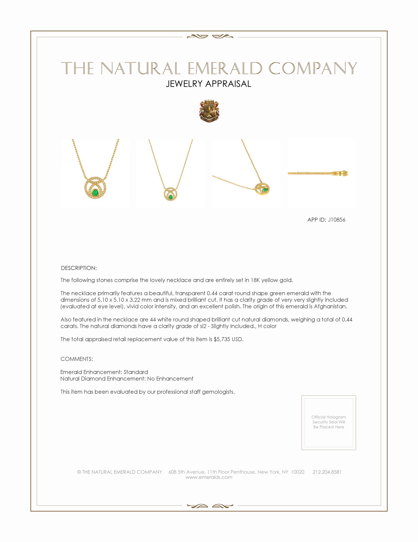 0.44 Ct. Emerald and Natural Diamond Pave Necklace, 18K Yellow Gold