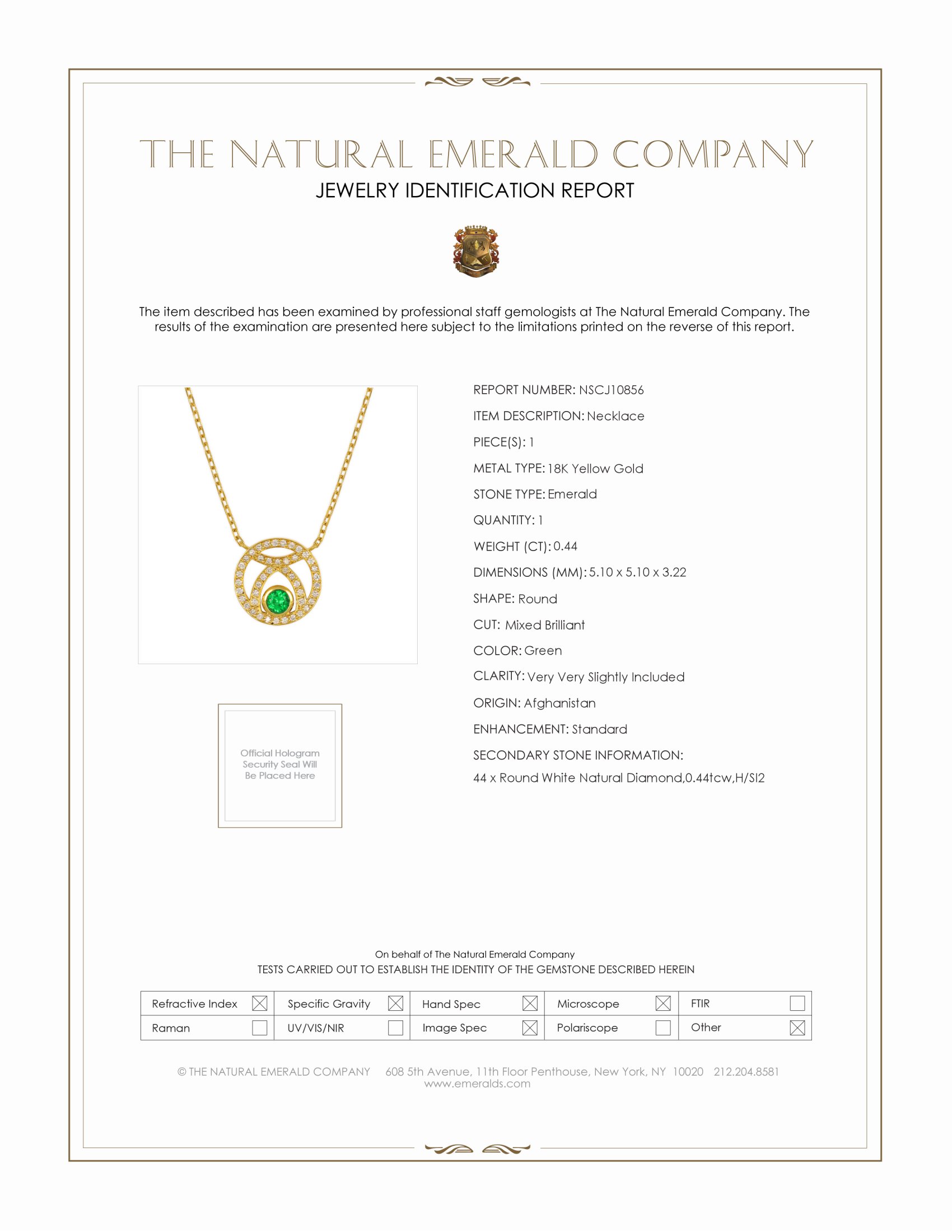 0.44 Ct. Emerald and Natural Diamond Pave Necklace, 18K Yellow Gold