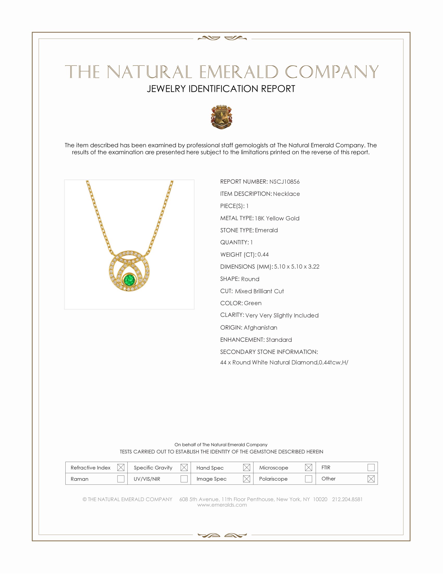 0.44 Ct. Emerald and Natural Diamond Pave Necklace, 18K Yellow Gold