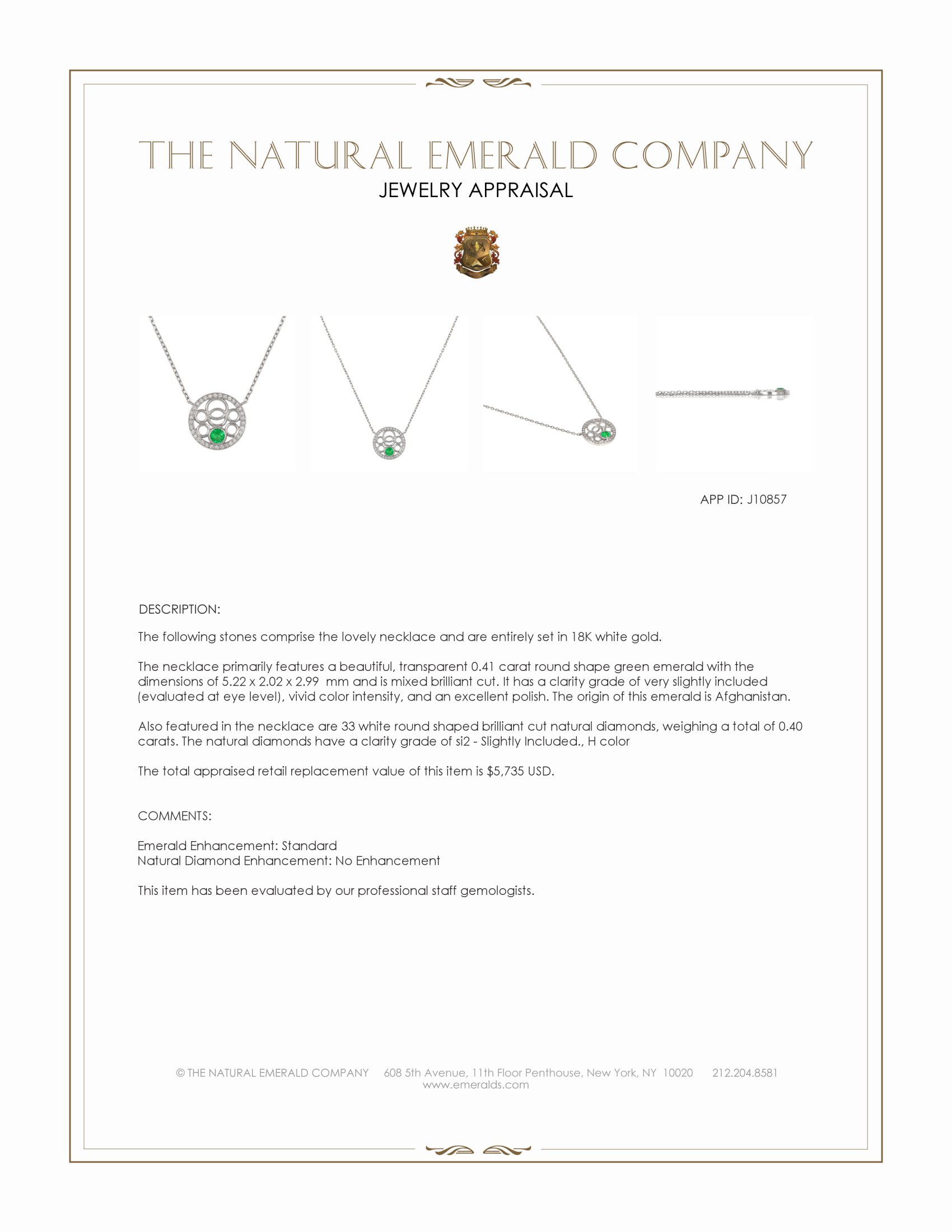 0.41 Ct. Emerald and Natural Diamond Pave Necklace, 18K White Gold