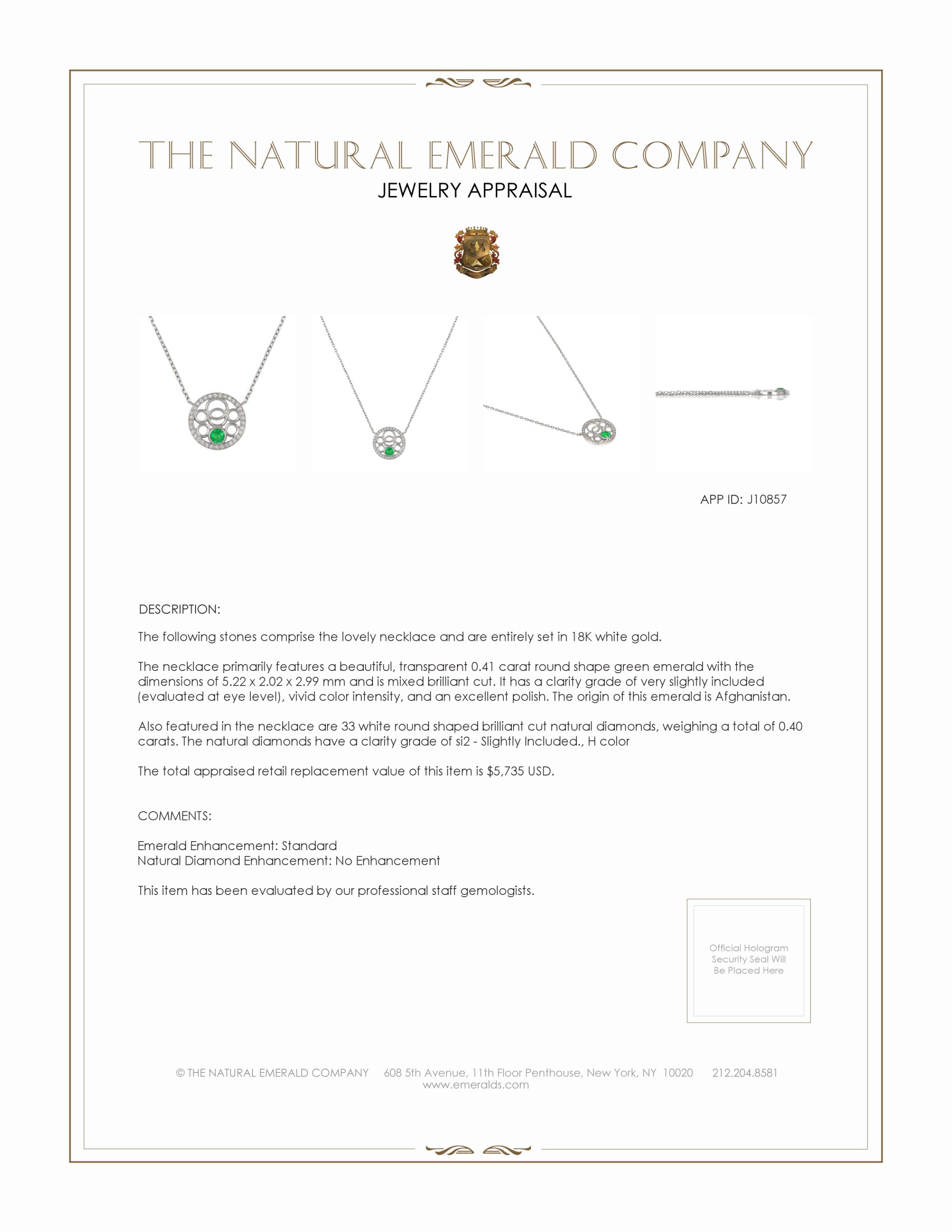 0.41 Ct. Emerald and Natural Diamond Pave Necklace, 18K White Gold