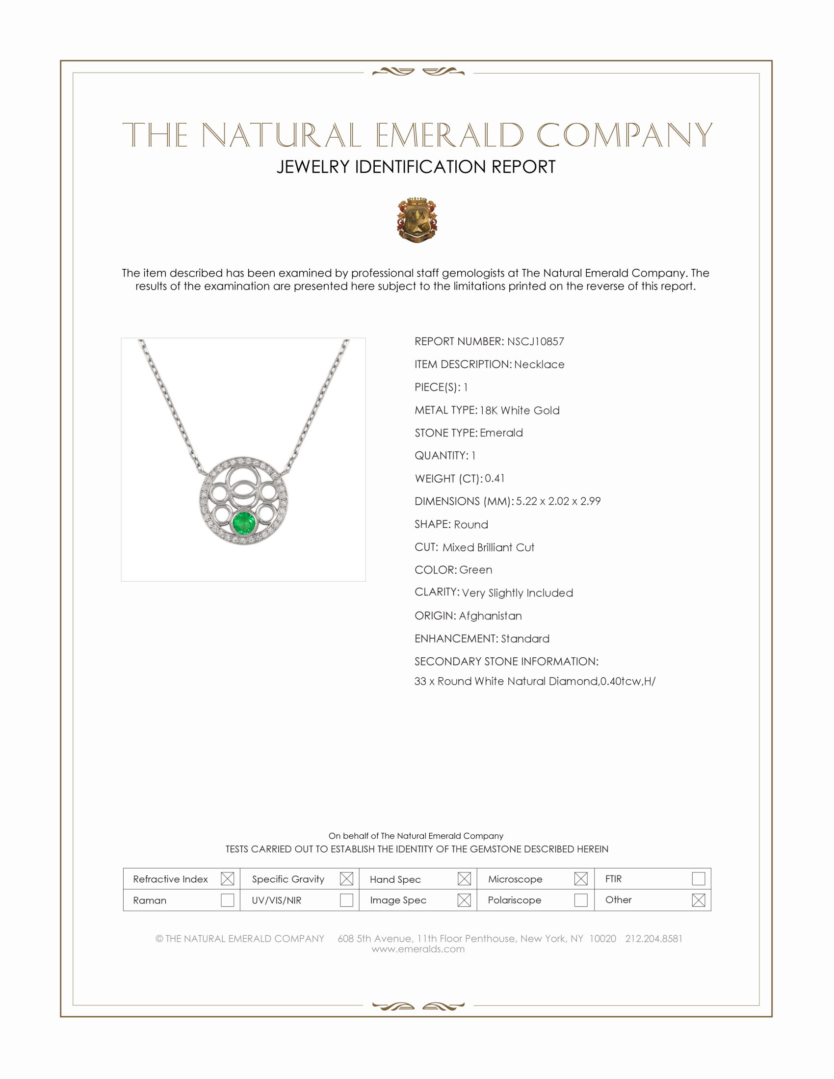 0.41 Ct. Emerald and Natural Diamond Pave Necklace, 18K White Gold