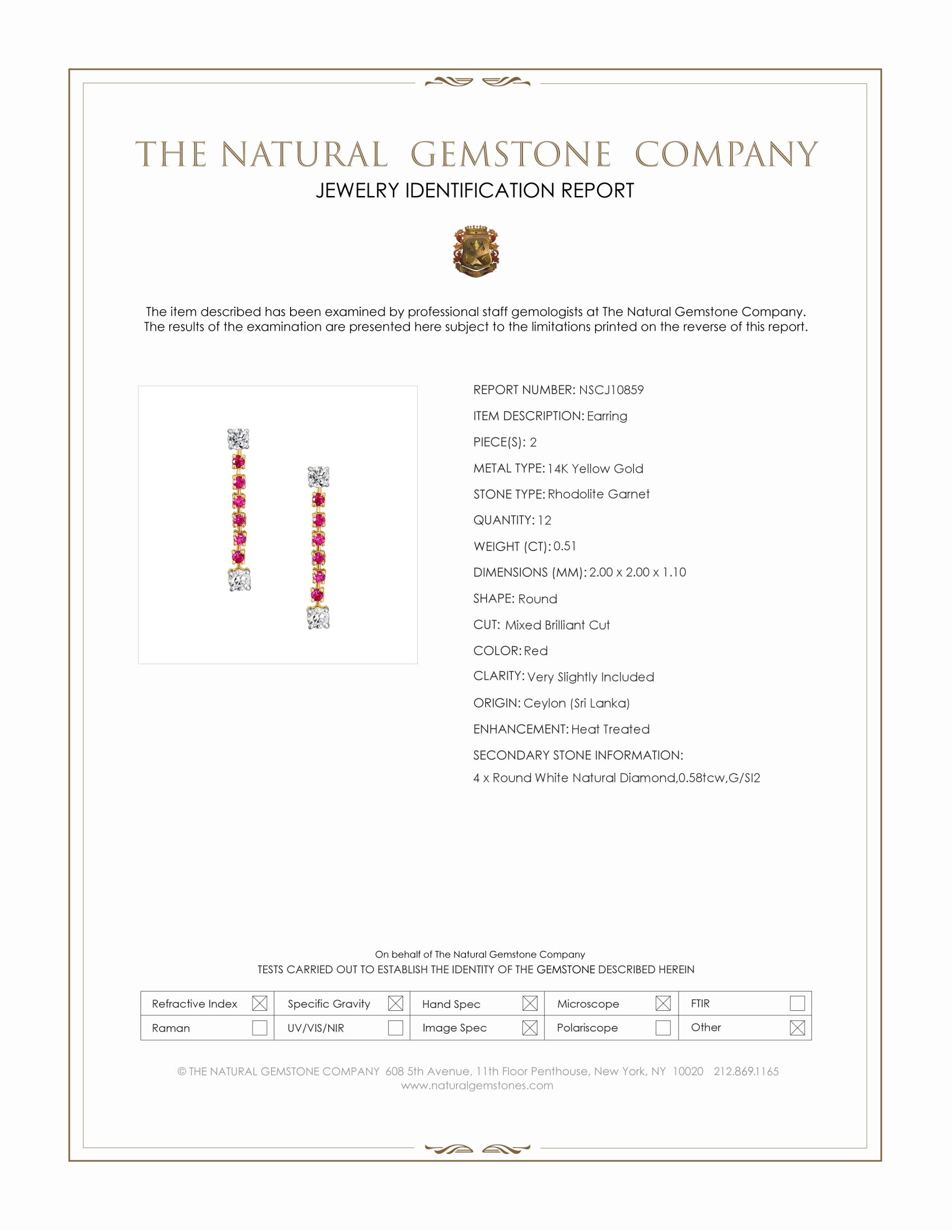 0.51 Ct.Tw. Red Rhodolite Garnet and Natural Diamond Drops Earrings, 14K Yellow Gold