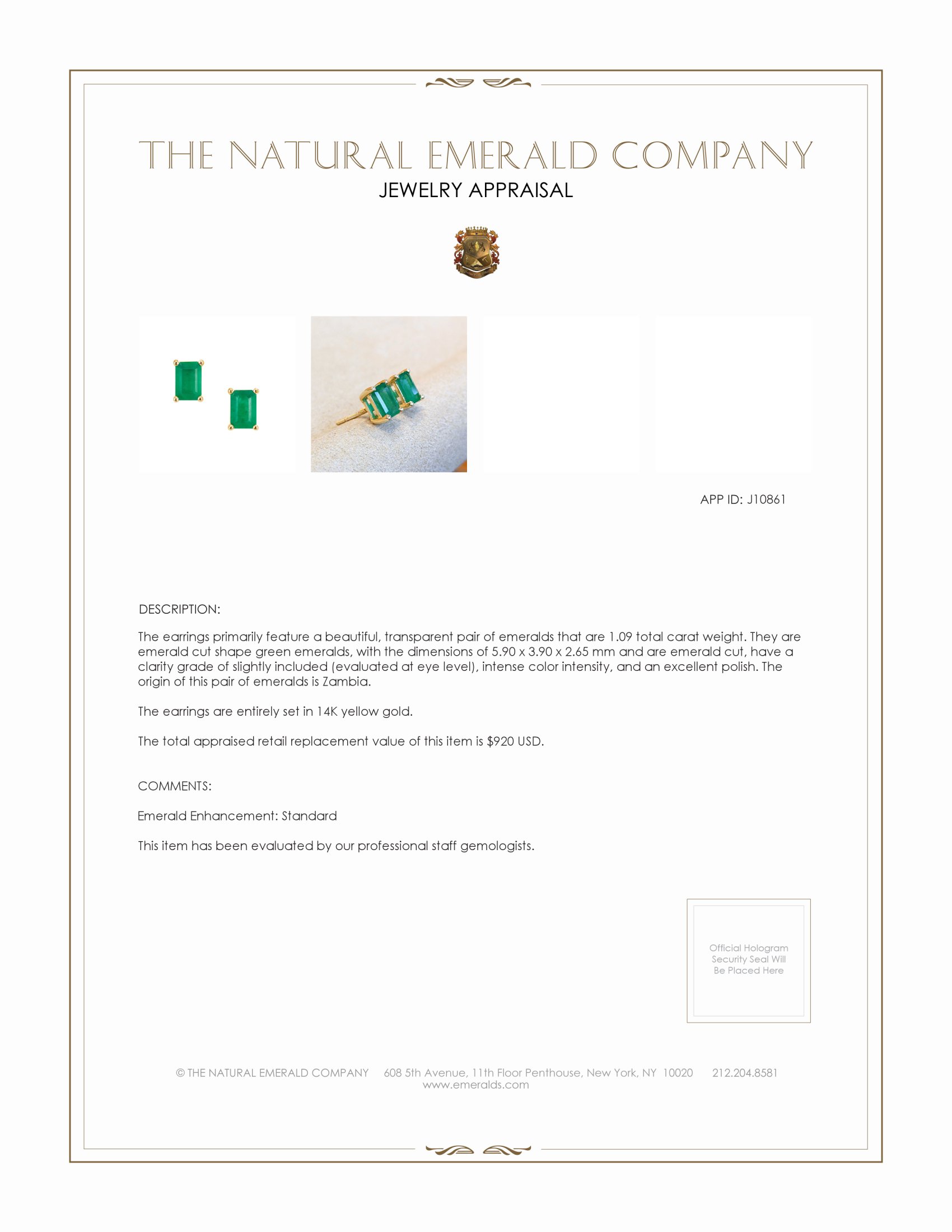 1.09 Ct.Tw. Emerald Studs Earrings, 14K Yellow Gold