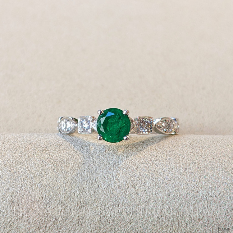 0.56 Ct. Emerald Natural Diamond Antique Style Ring, 18K White Gold