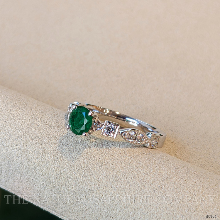 0.56 Ct. Emerald Natural Diamond Antique Style Ring, 18K White Gold