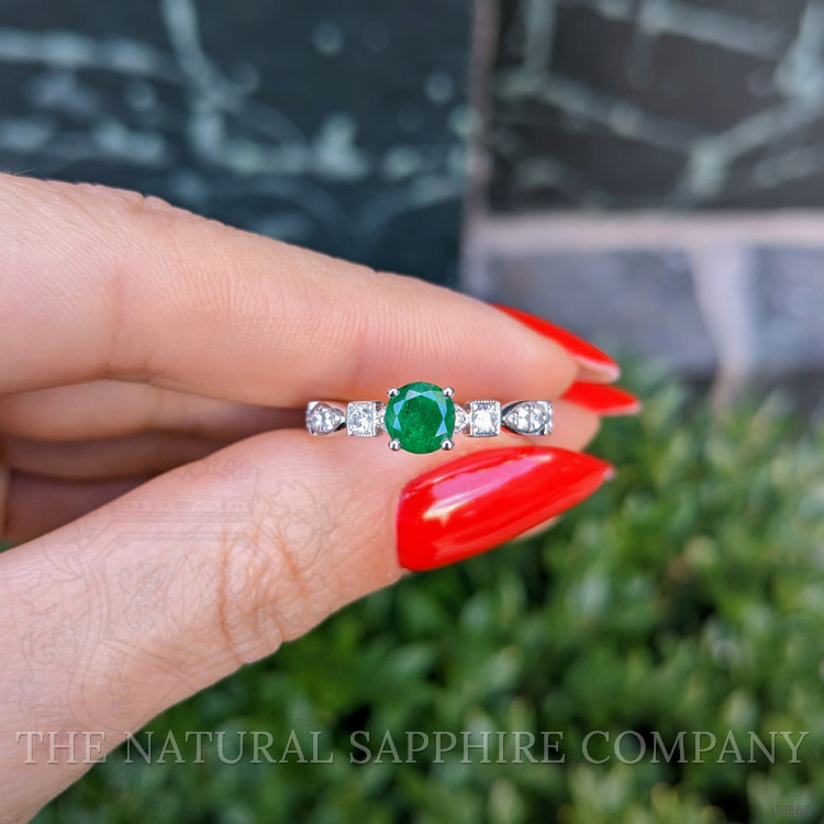 0.56 Ct. Emerald Natural Diamond Antique Style Ring, 18K White Gold