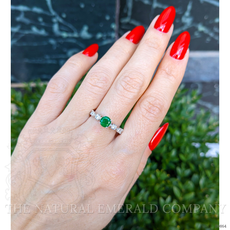 0.56 Ct. Emerald Natural Diamond Antique Style Ring, 18K White Gold