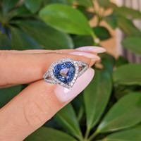 3.60 Ct. Blue Sapphire and Natural Diamond Pave Ring, Platinum 950 Life Style