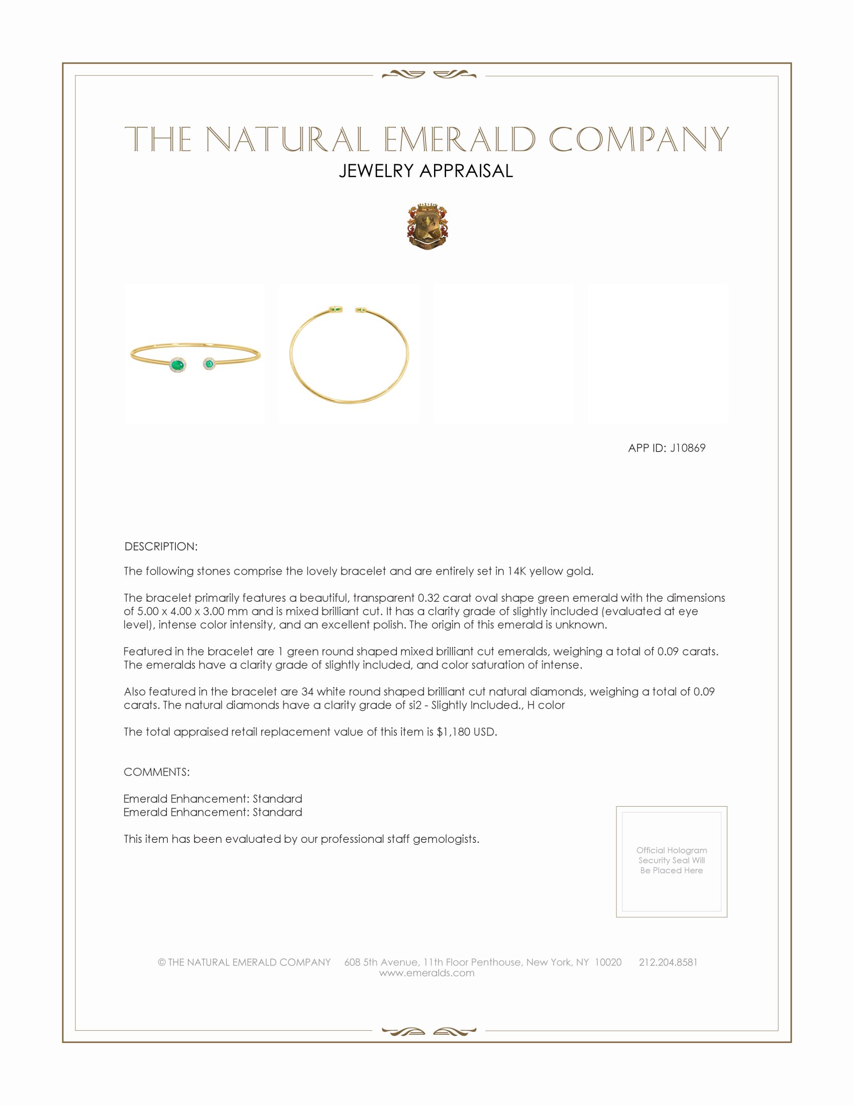 0.32 Ct.Tw. Emerald and Natural Diamond Bangle Bracelet, 14K Yellow Gold