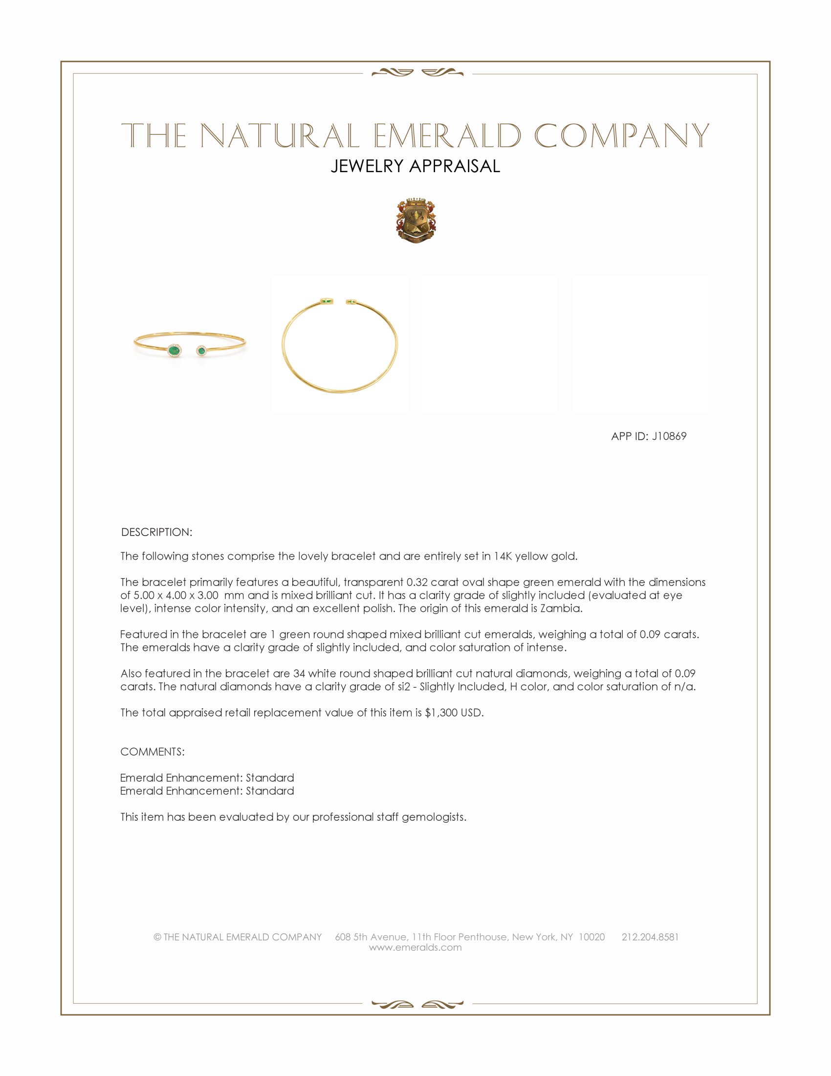 0.32 Ct.Tw. Emerald and Natural Diamond Bangle Bracelet, 14K Yellow Gold