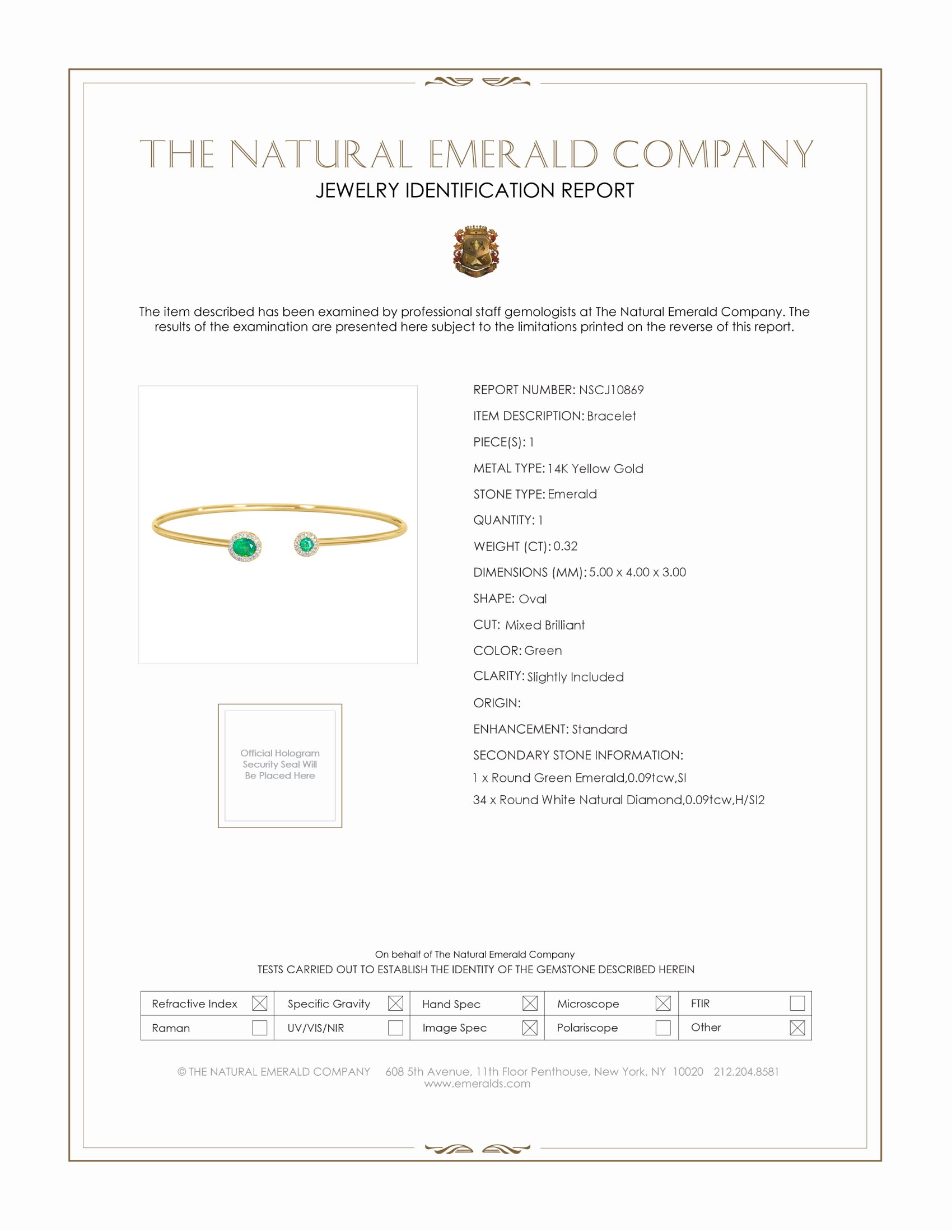 0.32 Ct.Tw. Emerald and Natural Diamond Bangle Bracelet, 14K Yellow Gold