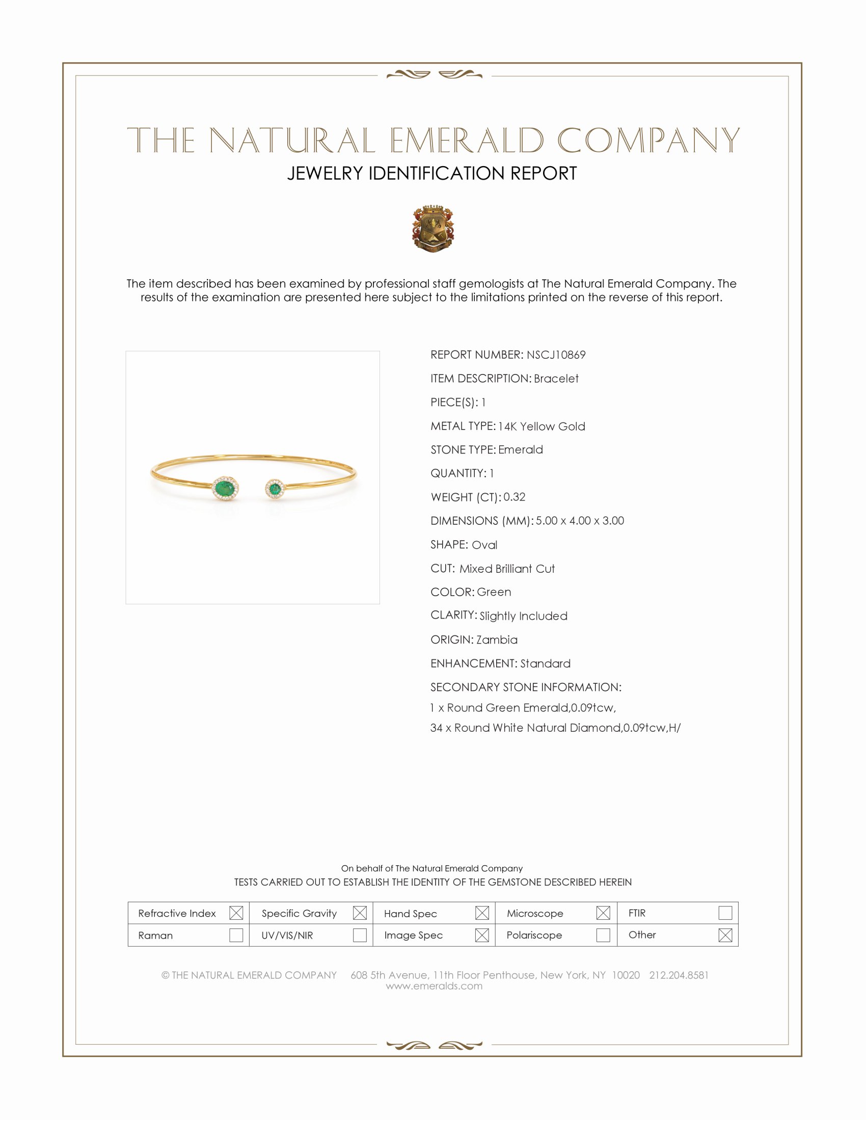 0.32 Ct.Tw. Emerald and Natural Diamond Bangle Bracelet, 14K Yellow Gold