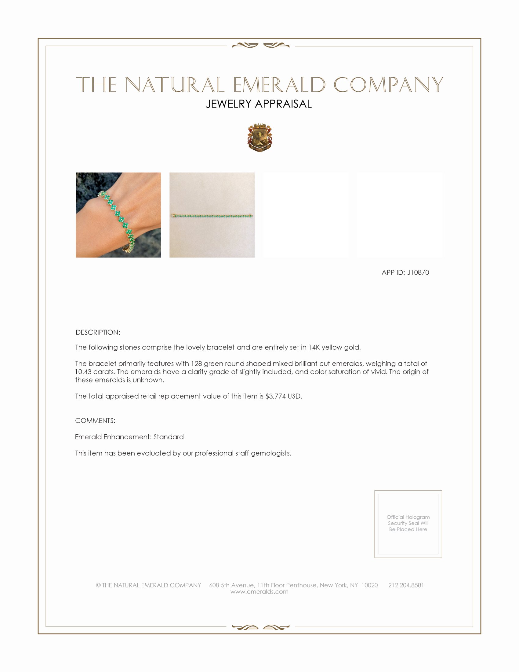 10.43 Ct.Tw. Emerald Tennis/Line Bracelet, 14K Yellow Gold