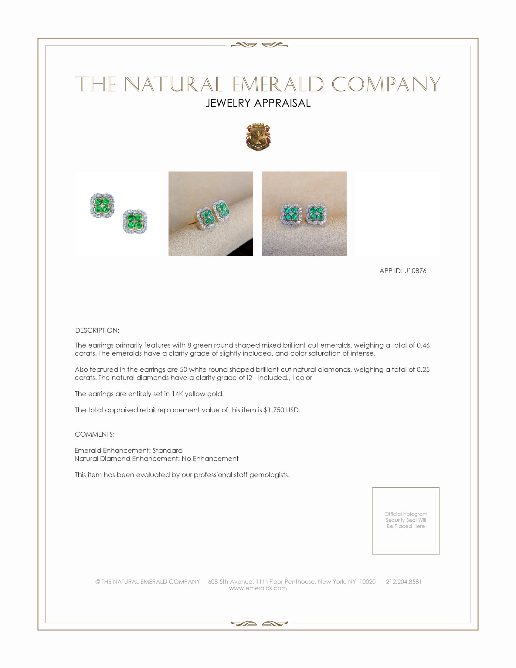0.46 Ct.Tw. Emerald Natural Diamond Studs Earrings, 14K Yellow Gold