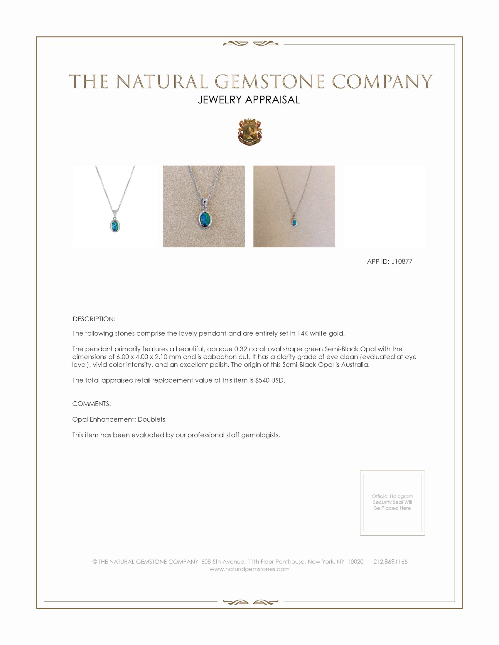 0.32 Ct. Opal Bezel Pendant, 14K White Gold