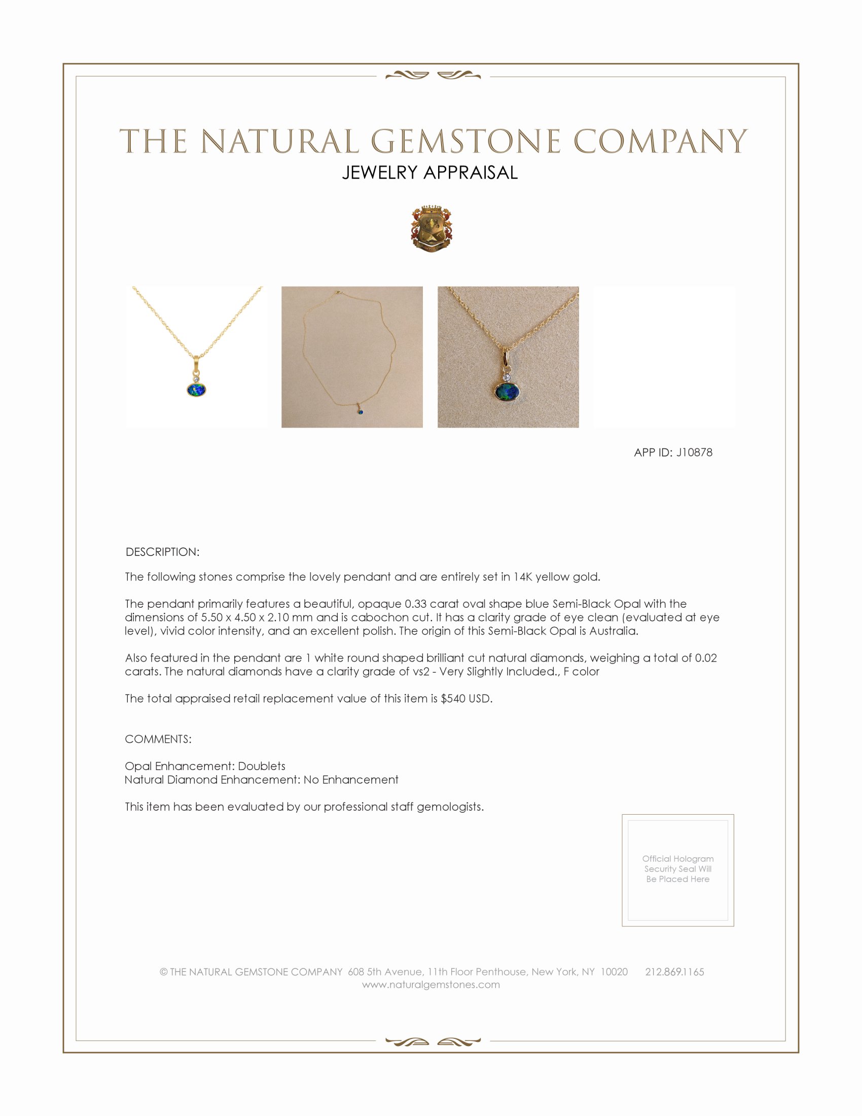 0.33 Ct. Blue Opal and Natural Diamond Bezel Pendant, 14K Yellow Gold