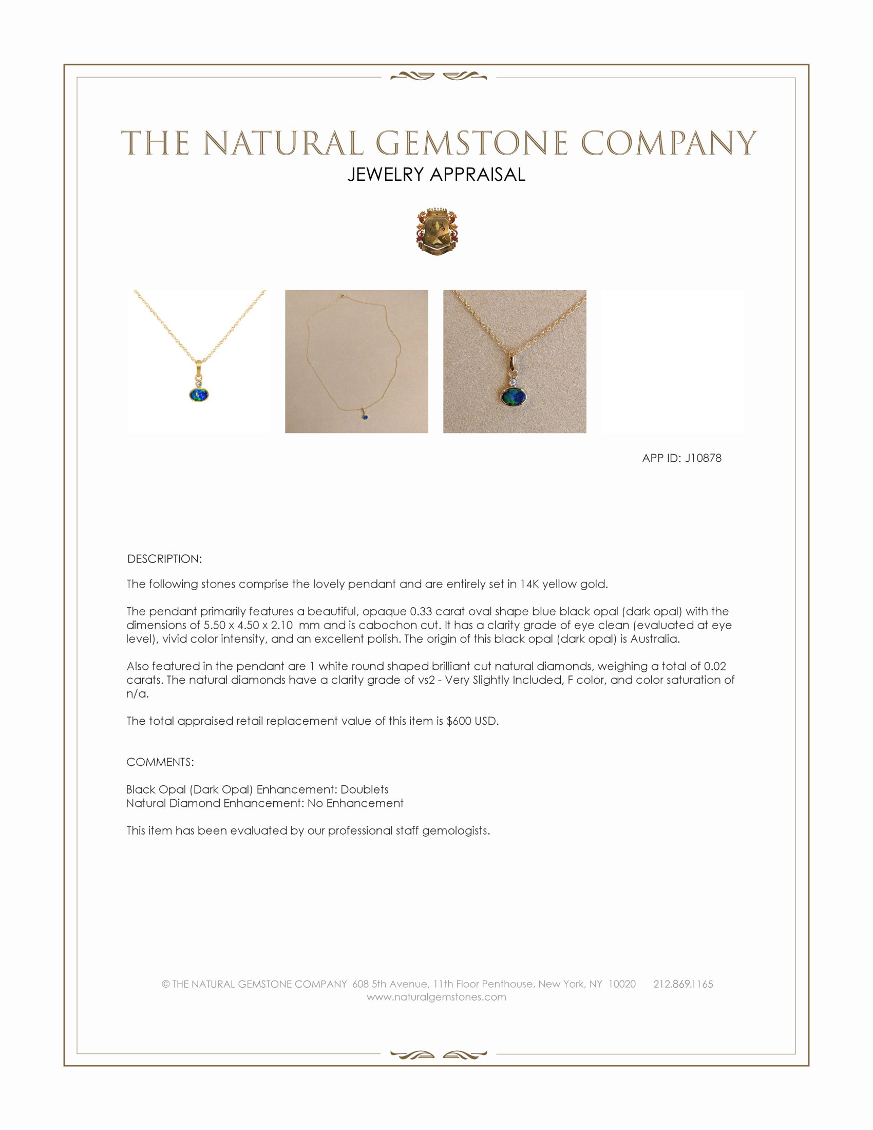 0.33 Ct. Blue Black Opal (Dark Opal) and Natural Diamond Bezel Pendant, 14K Yellow Gold