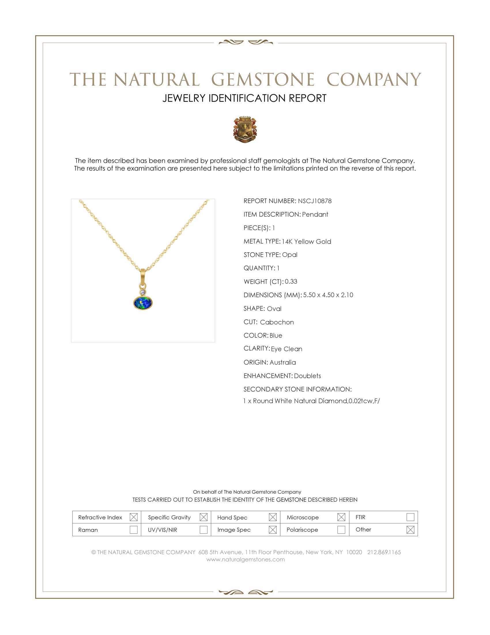 0.33 Ct. Opal Natural Diamond Bezel Pendant, 14K Yellow Gold