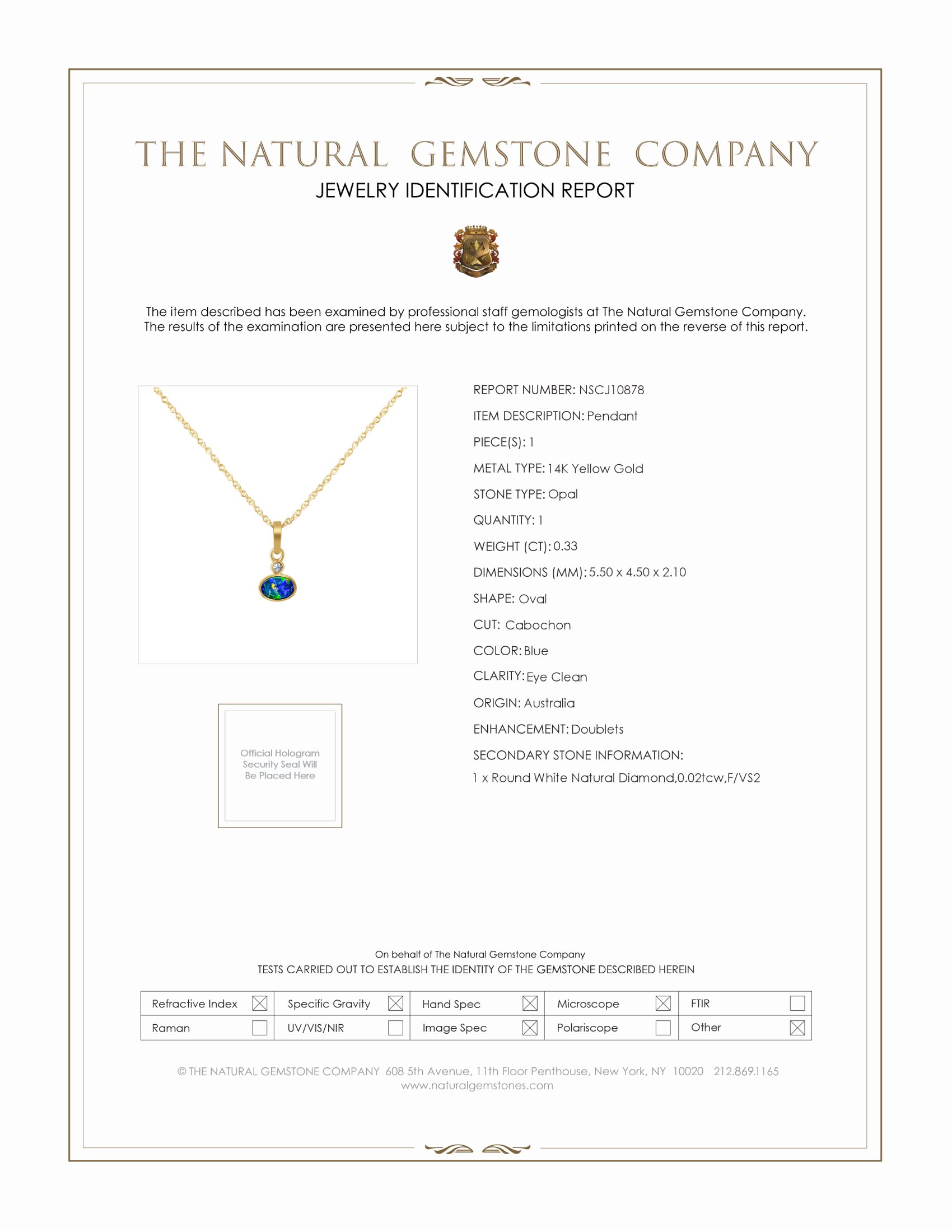 0.33 Ct. Blue Opal and Natural Diamond Bezel Pendant, 14K Yellow Gold