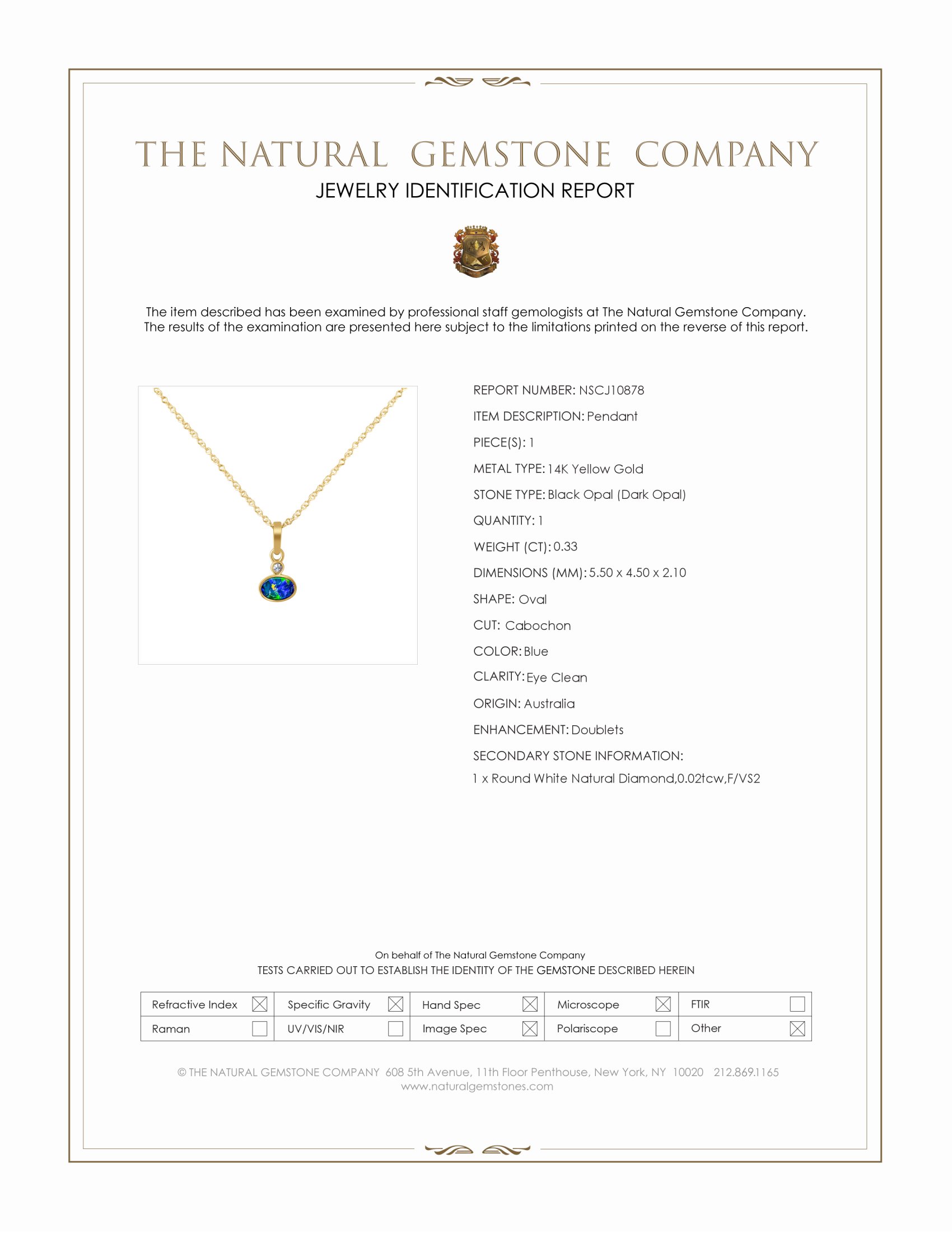 0.33 Ct. Blue Black Opal (Dark Opal) and Natural Diamond Bezel Pendant, 14K Yellow Gold
