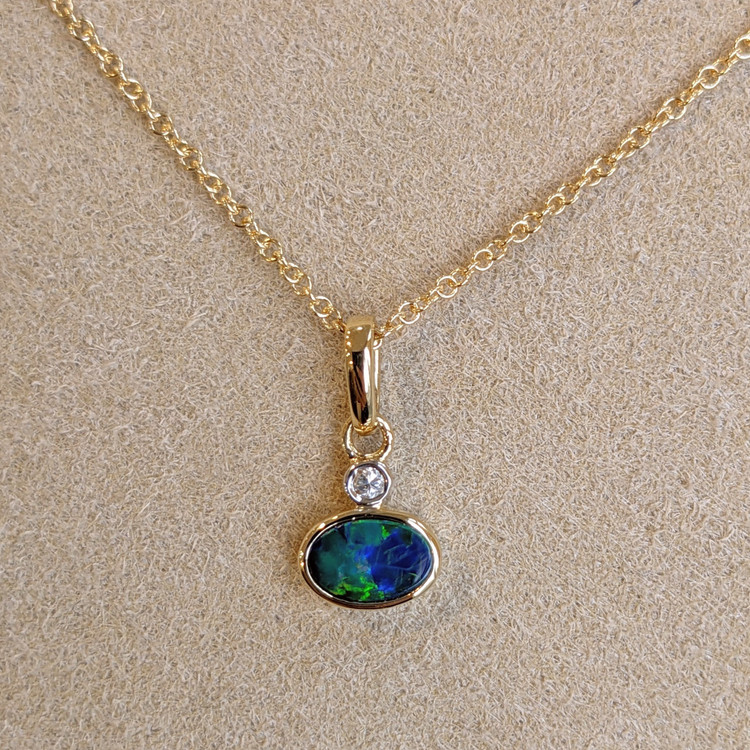 0.33 Ct. Opal Natural Diamond Bezel Pendant, 14K Yellow Gold