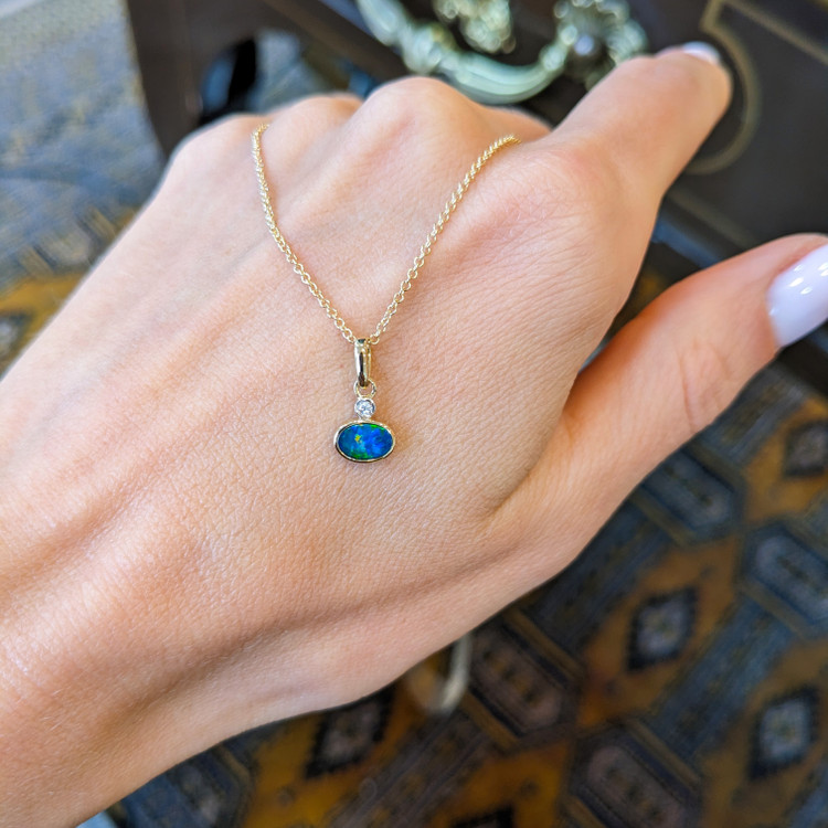 0.33 Ct. Opal Natural Diamond Bezel Pendant, 14K Yellow Gold