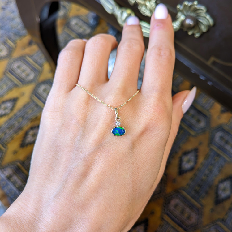 0.33 Ct. Opal Natural Diamond Bezel Pendant, 14K Yellow Gold