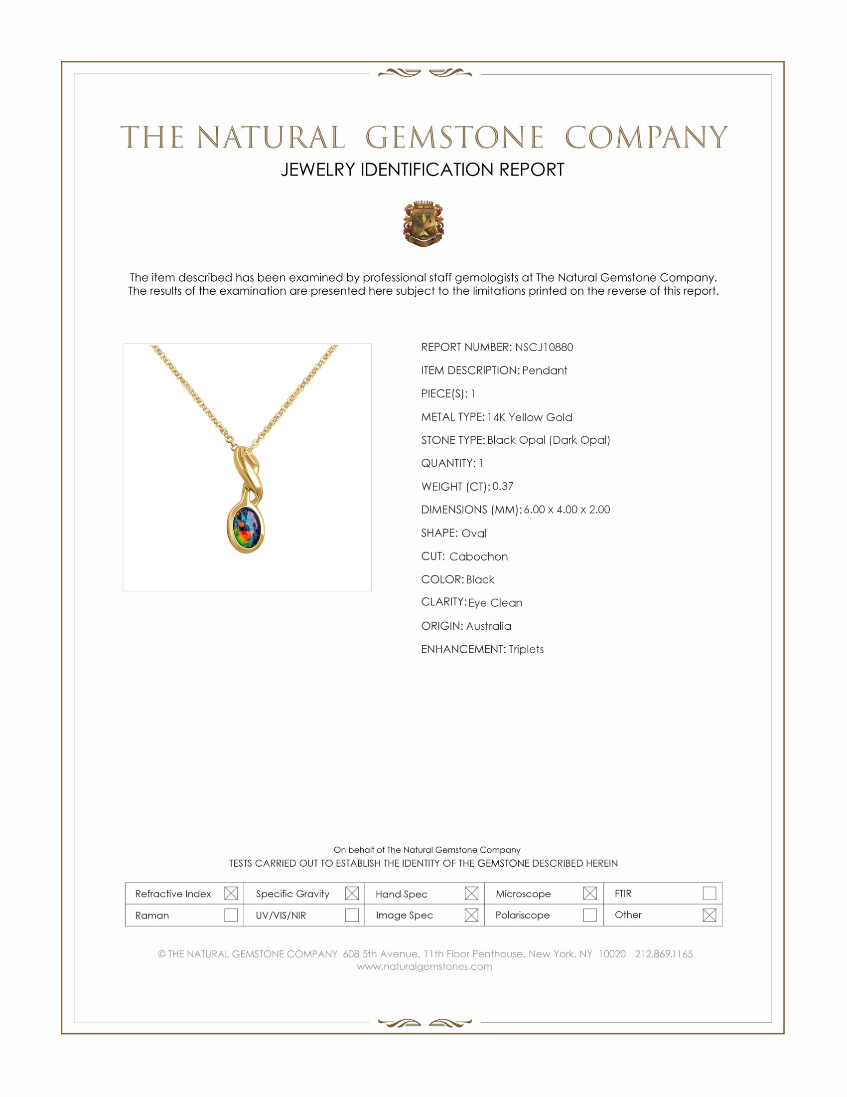 0.37 Ct. Black Black Opal (Dark Opal) Bezel Pendant, 14K Yellow Gold
