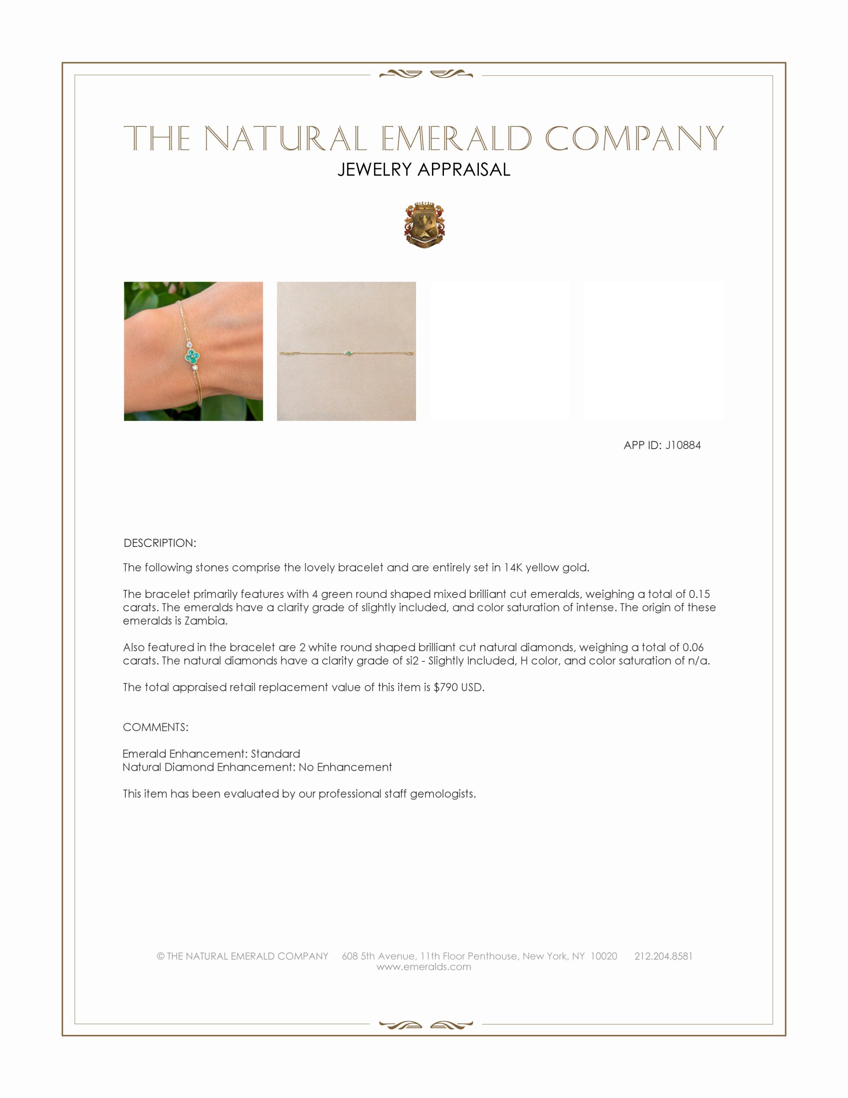 0.15 Ct.Tw. Emerald and Natural Diamond Bezel Bracelet, 14K Yellow Gold