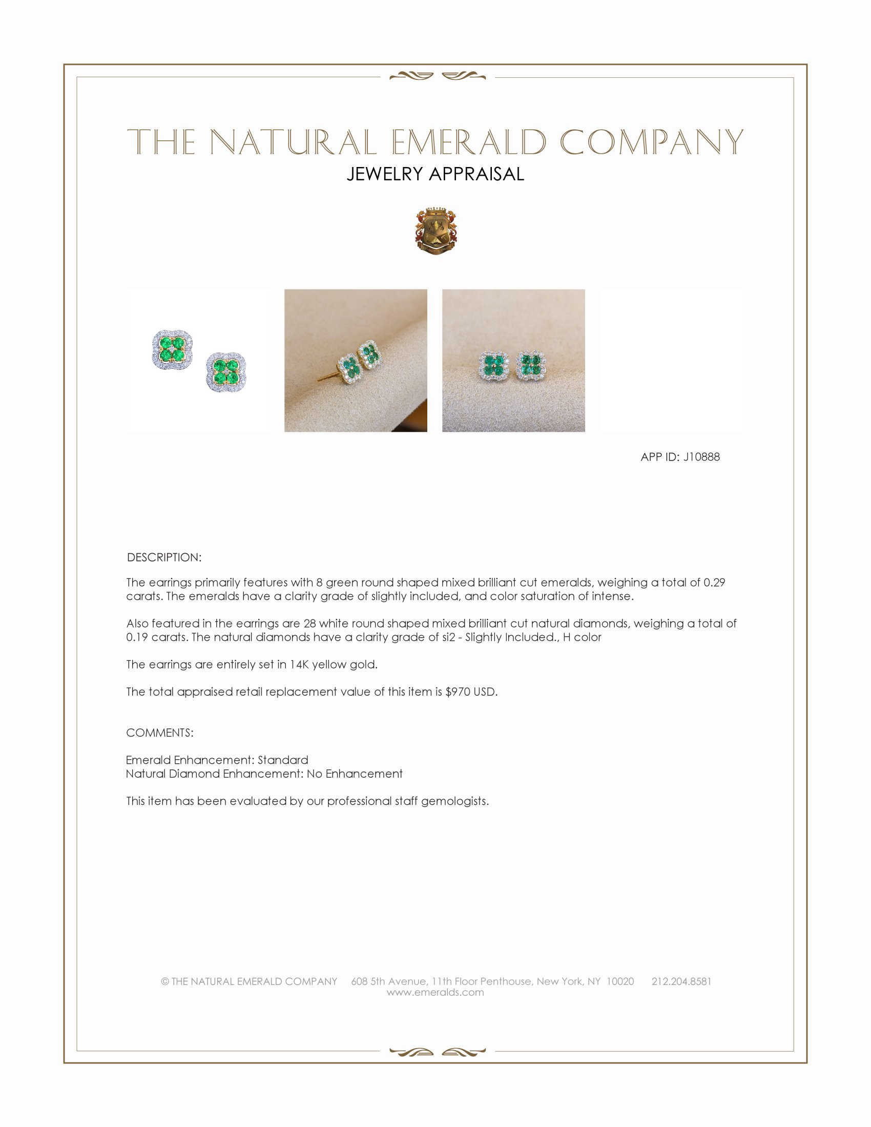 0.29 Ct.Tw. Emerald and Natural Diamond Studs Earrings, 14K Yellow Gold