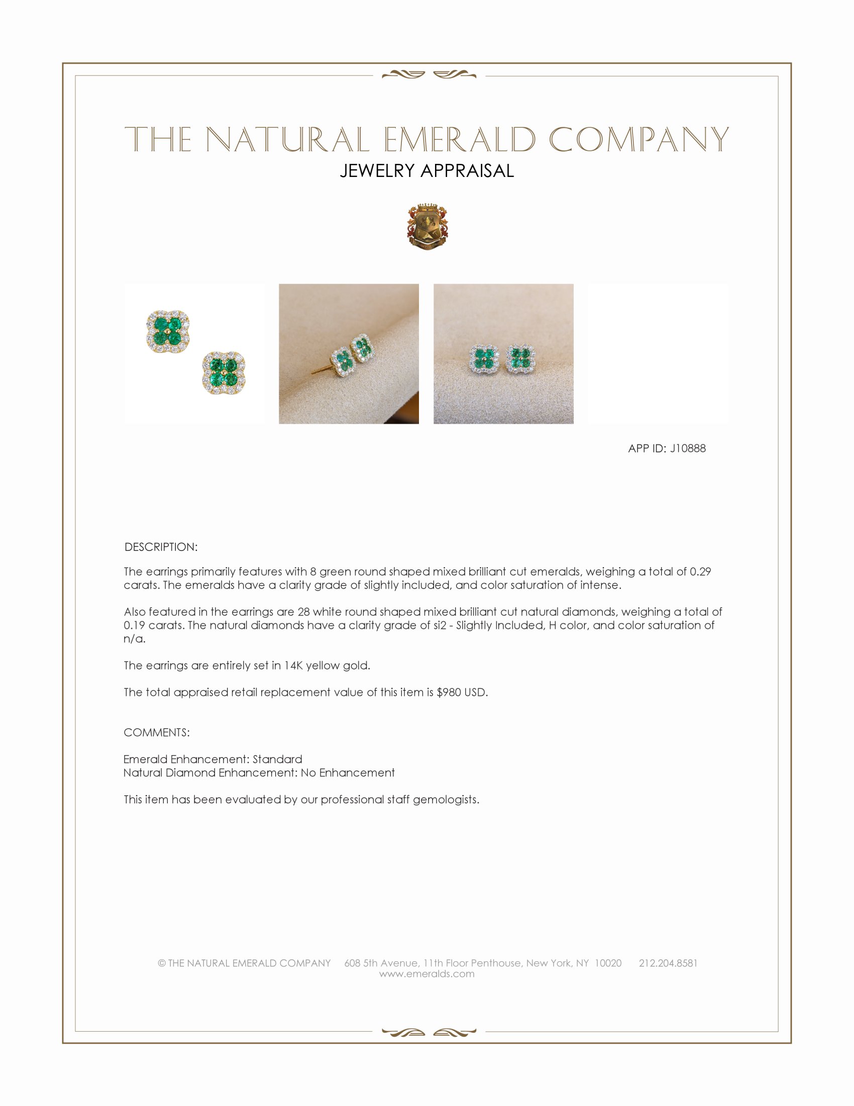 0.29 Ct.Tw. Emerald and Natural Diamond Studs Earrings, 14K Yellow Gold