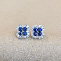 0.36 Ct.Tw. Blue Sapphire and Natural Diamond Halo Earrings, 14K White Gold Image