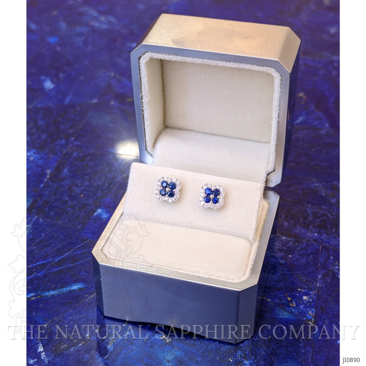 0.36 Ct.Tw. Blue Sapphire and Natural Diamond Halo Earrings, 14K White Gold