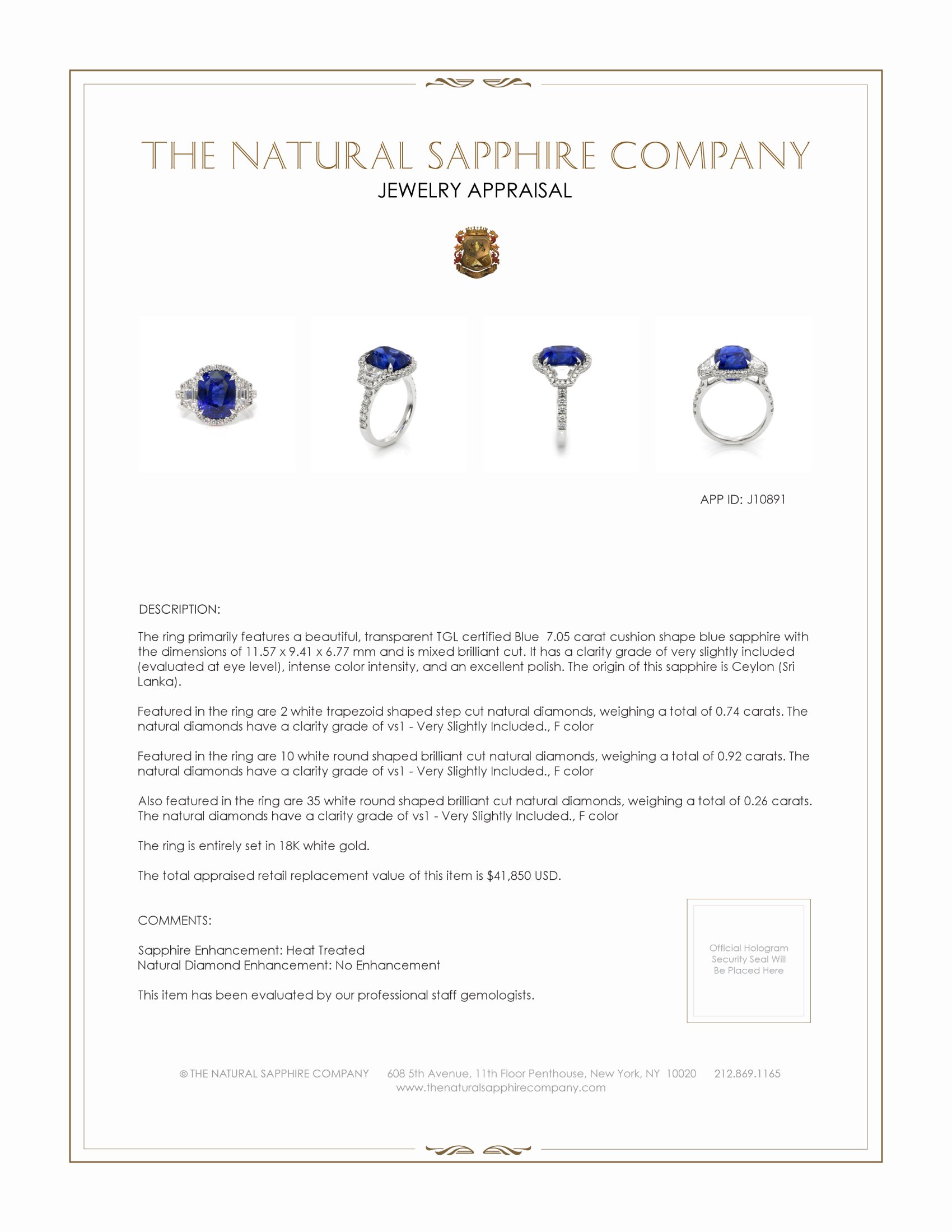 7.05 Ct. Blue Sapphire and Natural Diamond Antique Style Ring, 18K White Gold