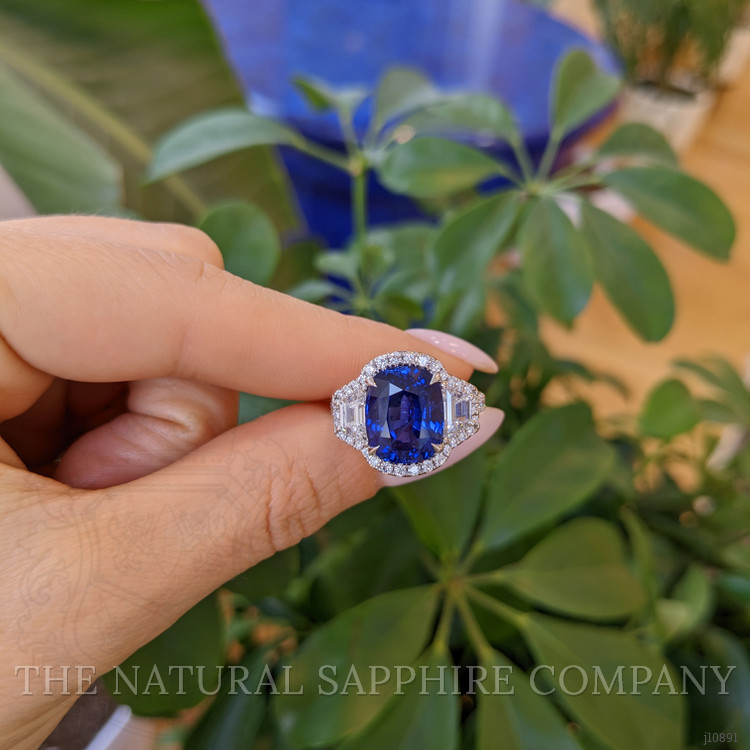 7.05 Ct. Blue Sapphire and Natural Diamond Antique Style Ring, 18K White Gold
